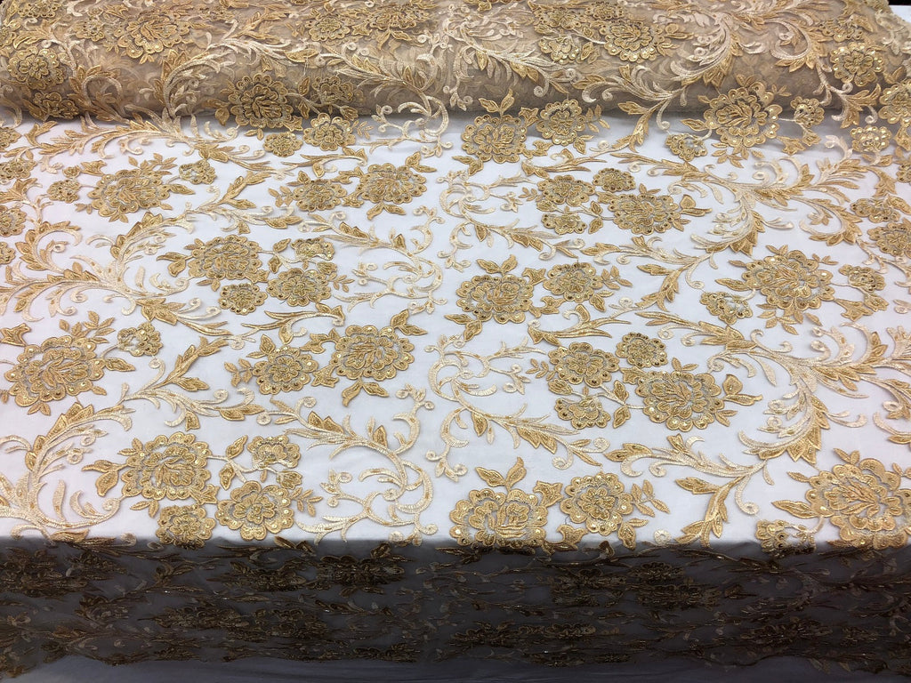 Beaded Floral - GOLD - Luxury Wedding Bridal Embroidery Lace Fabric Sold By The Yard
