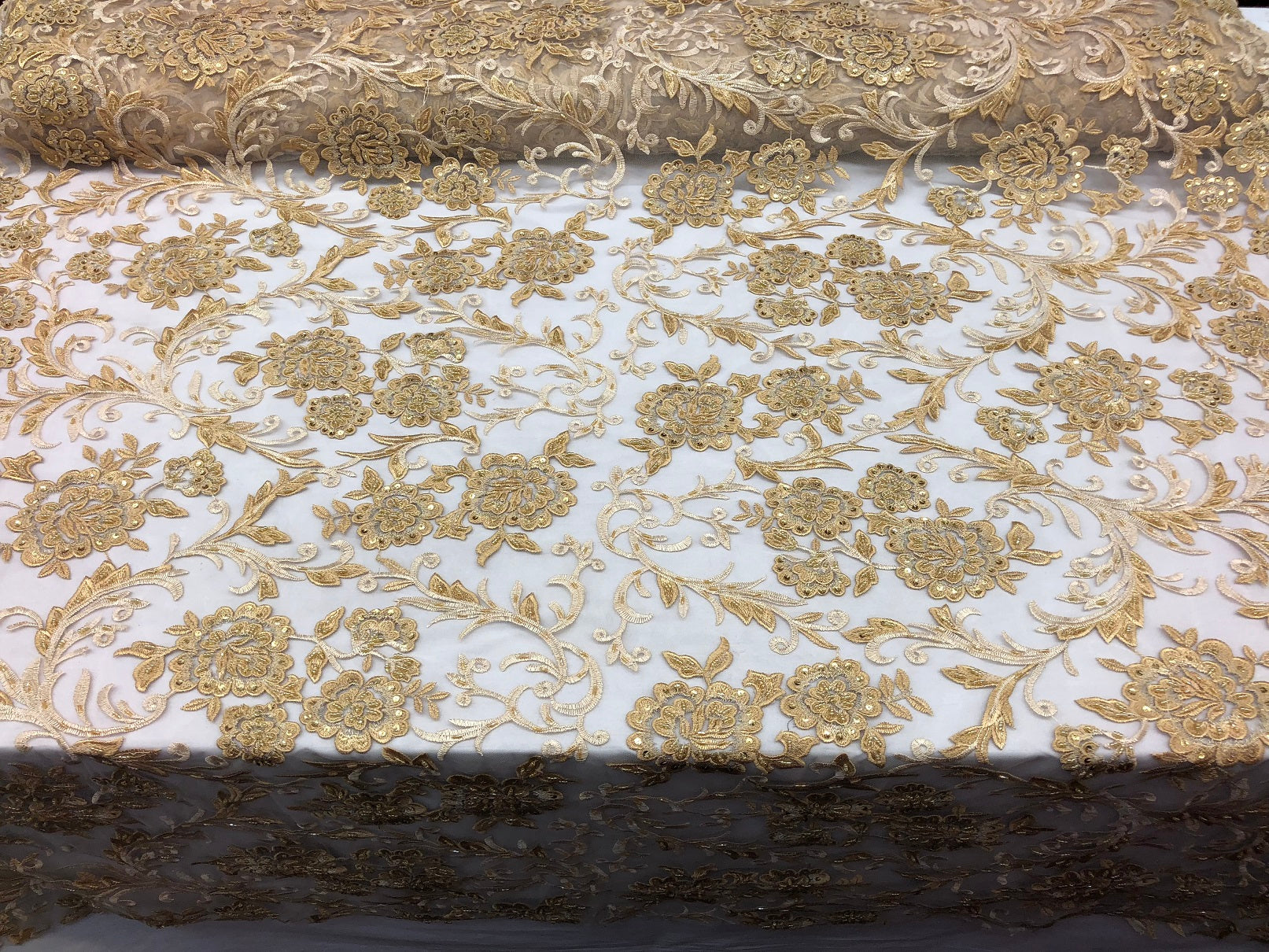 Beaded Floral - GOLD - Luxury Wedding Bridal Embroidery Lace Fabric Sold By The Yard