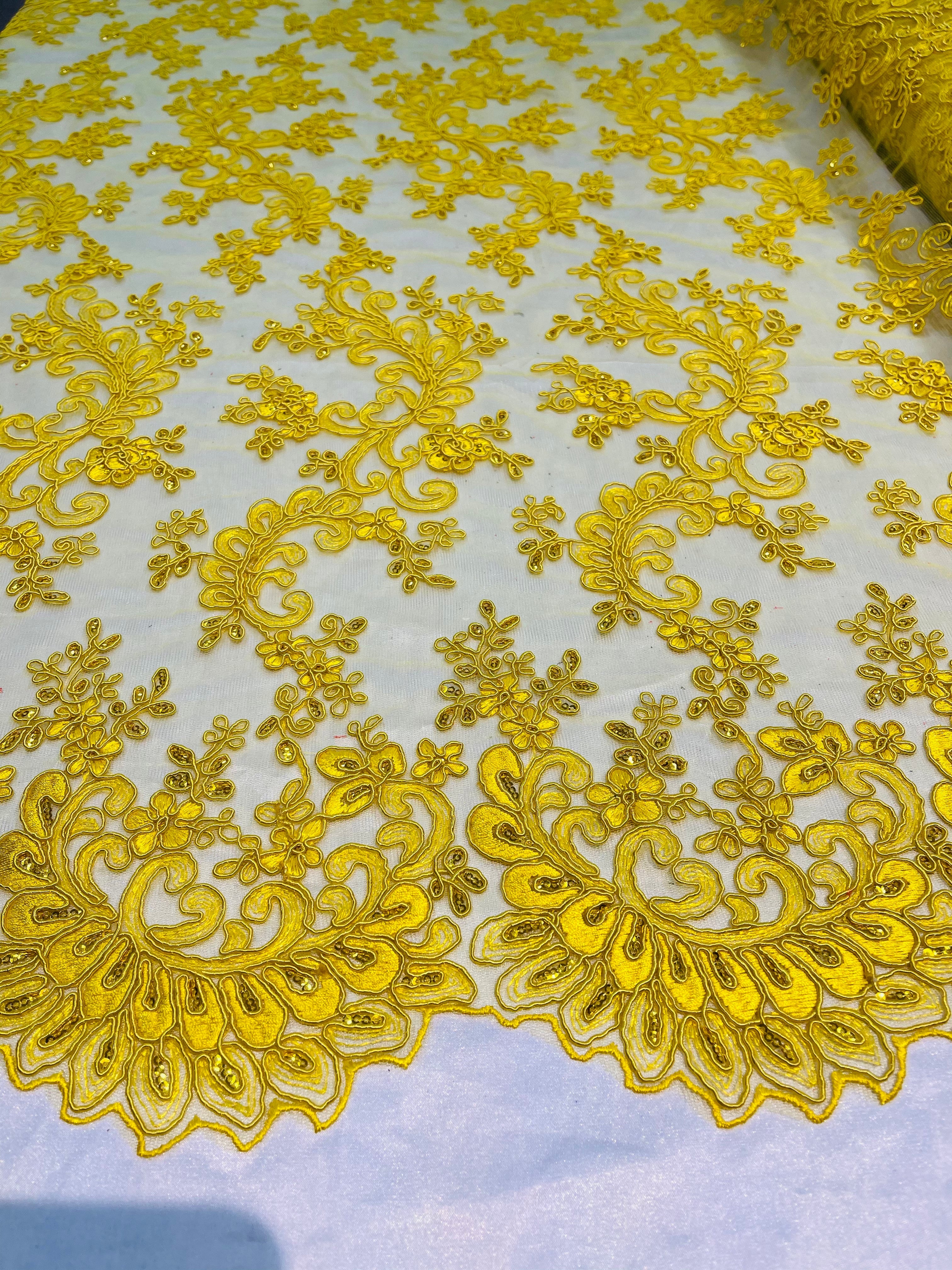 Lace Sequins Fabric - Yellow - Corded Flower Embroidery Design Mesh Fabric By The Yard