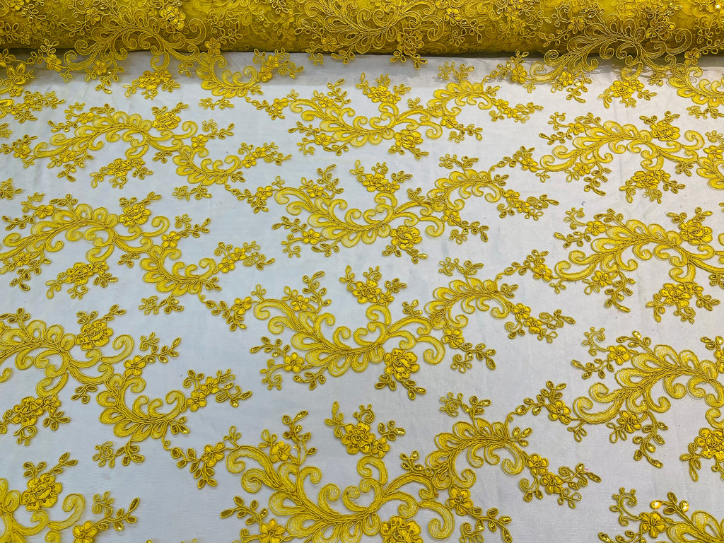 Lace Sequins Fabric - Yellow - Corded Flower Embroidery Design Mesh Fabric By The Yard
