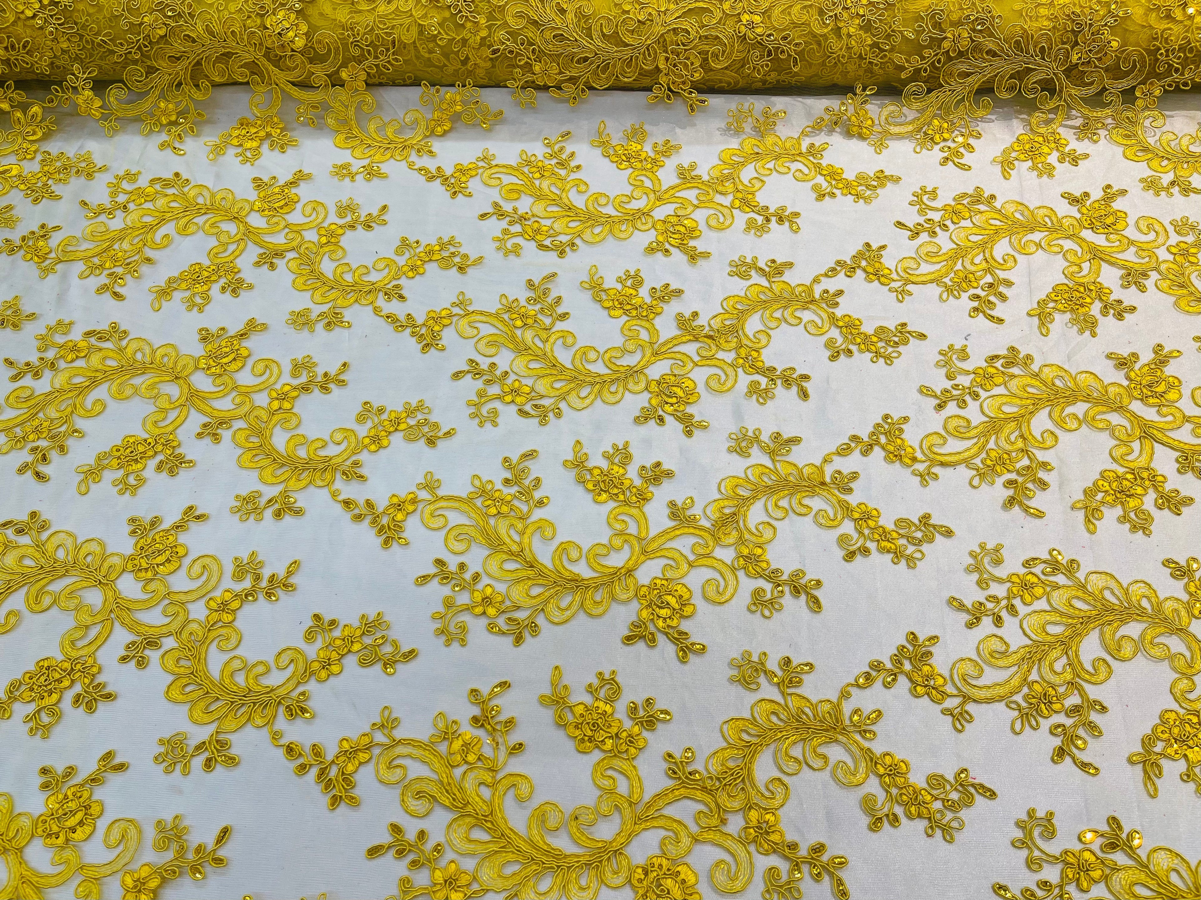 Lace Sequins Fabric - Yellow - Corded Flower Embroidery Design Mesh Fabric By The Yard