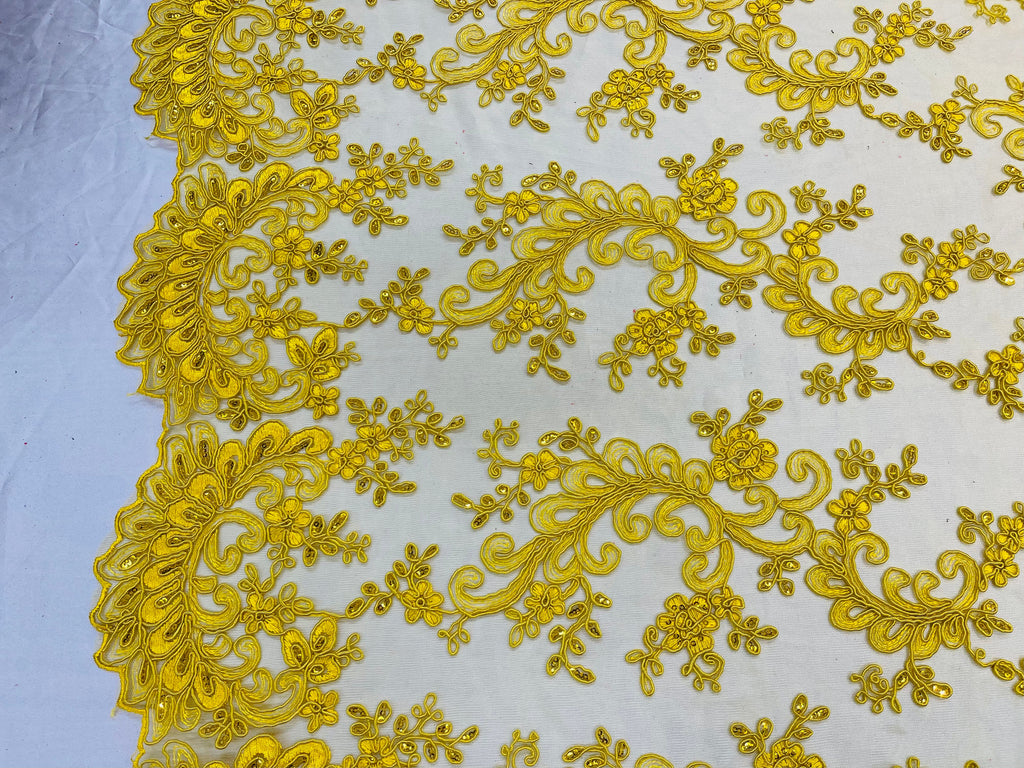 Lace Sequins Fabric - Yellow - Corded Flower Embroidery Design Mesh Fabric By The Yard