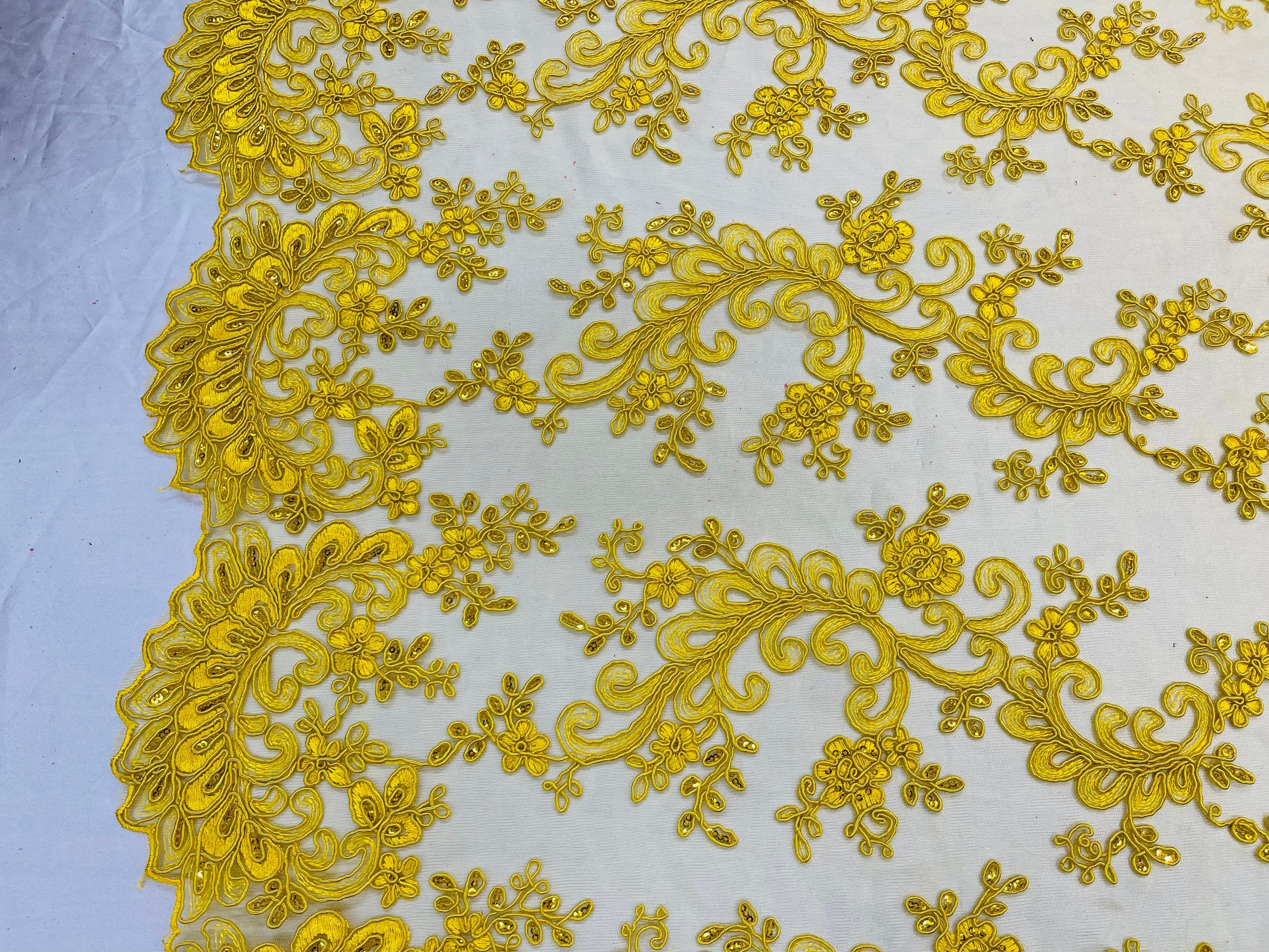 Lace Sequins Fabric - Yellow - Corded Flower Embroidery Design Mesh Fabric By The Yard