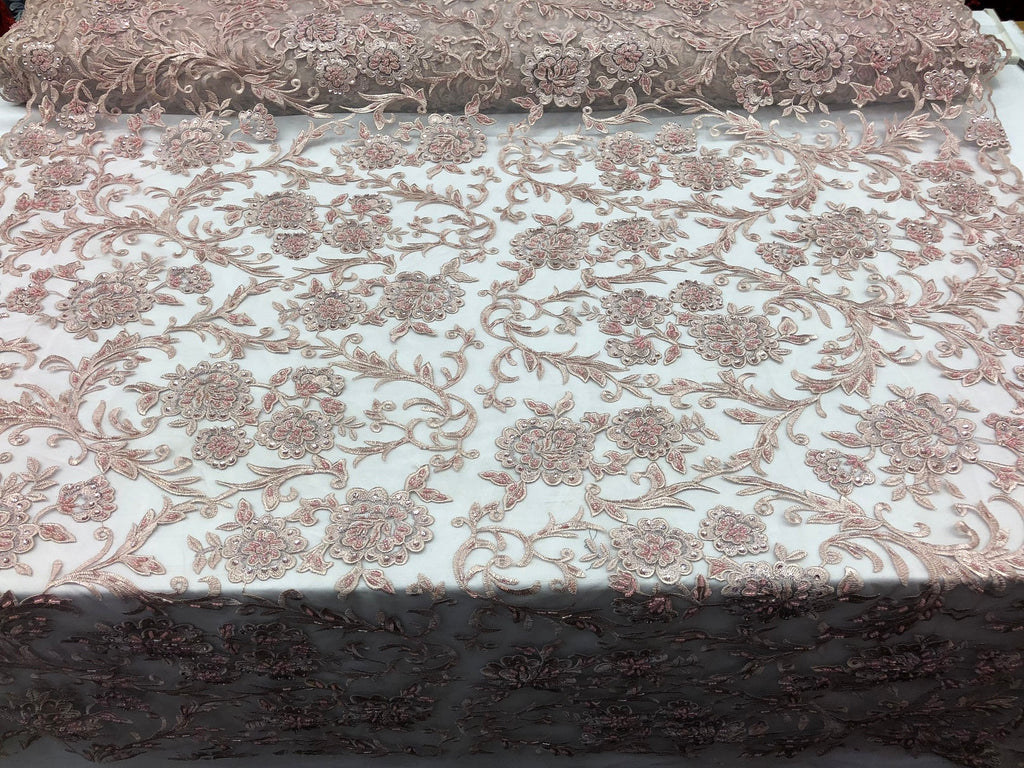 Beaded Floral - BLUSH - Luxury Wedding Bridal Embroidery Lace Fabric Sold By The Yard