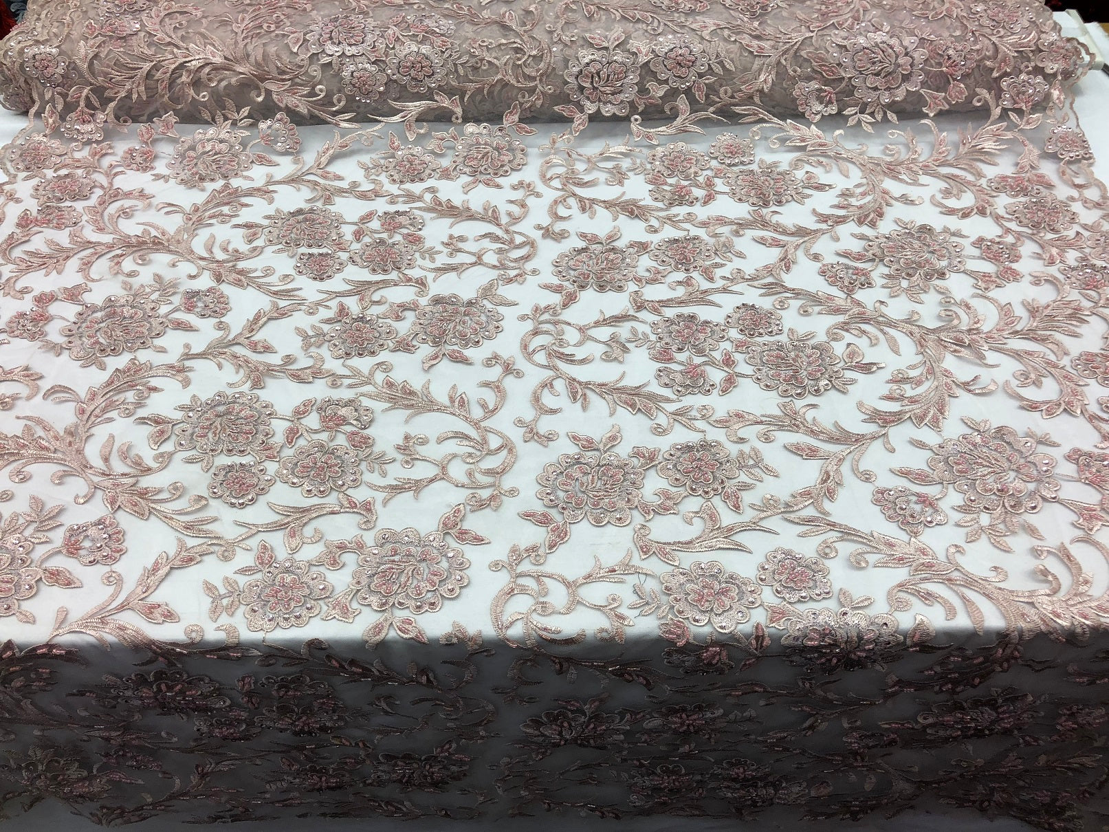 Beaded Floral - BLUSH - Luxury Wedding Bridal Embroidery Lace Fabric Sold By The Yard