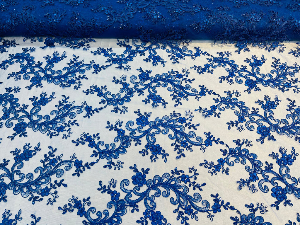 Lace Sequins Fabric - Royal Blue - Corded Flower Embroidery Design Mesh Fabric By The Yard