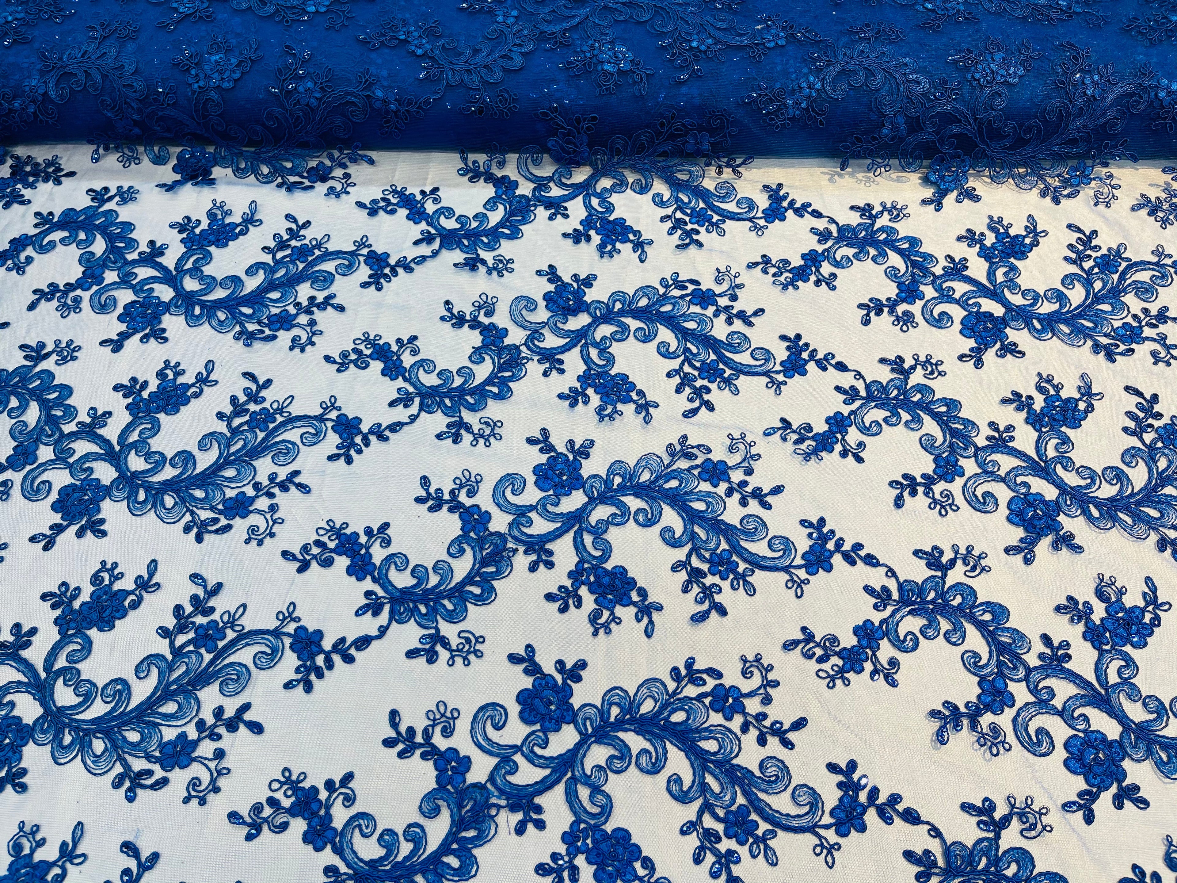 Lace Sequins Fabric - Royal Blue - Corded Flower Embroidery Design Mesh Fabric By The Yard