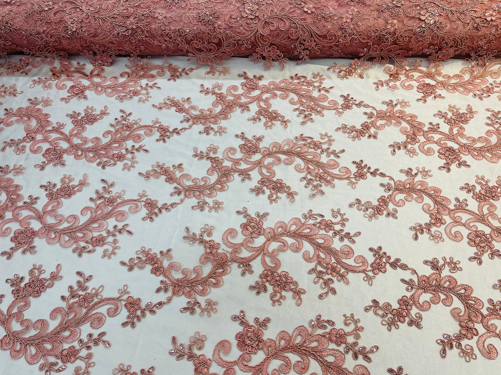 Lace Sequins Fabric - Dusty Rose - Corded Flower Embroidery Design Mesh Fabric By The Yard