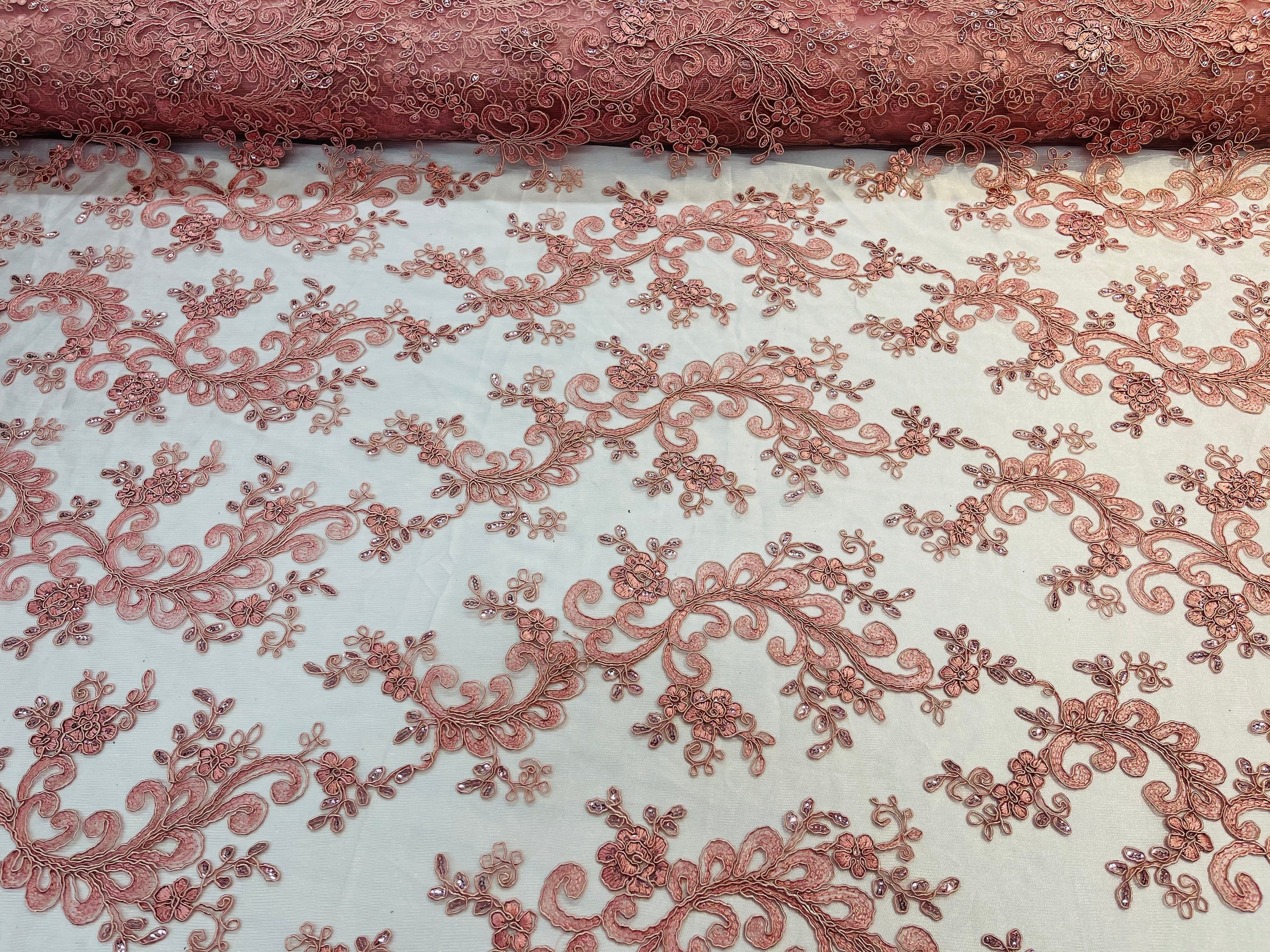 Lace Sequins Fabric - Dusty Rose - Corded Flower Embroidery Design Mesh Fabric By The Yard