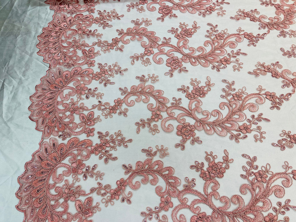 Lace Sequins Fabric - Dusty Rose - Corded Flower Embroidery Design Mesh Fabric By The Yard