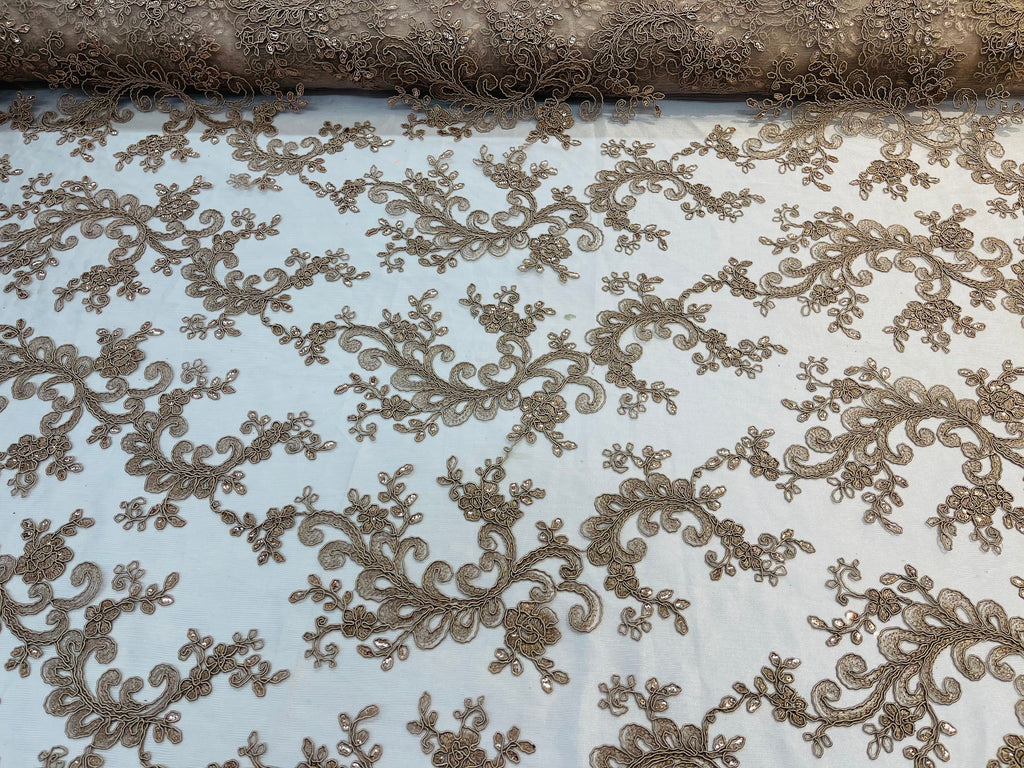 Lace Sequins Fabric - Coffee - Corded Flower Embroidery Design Mesh Fabric By The Yard
