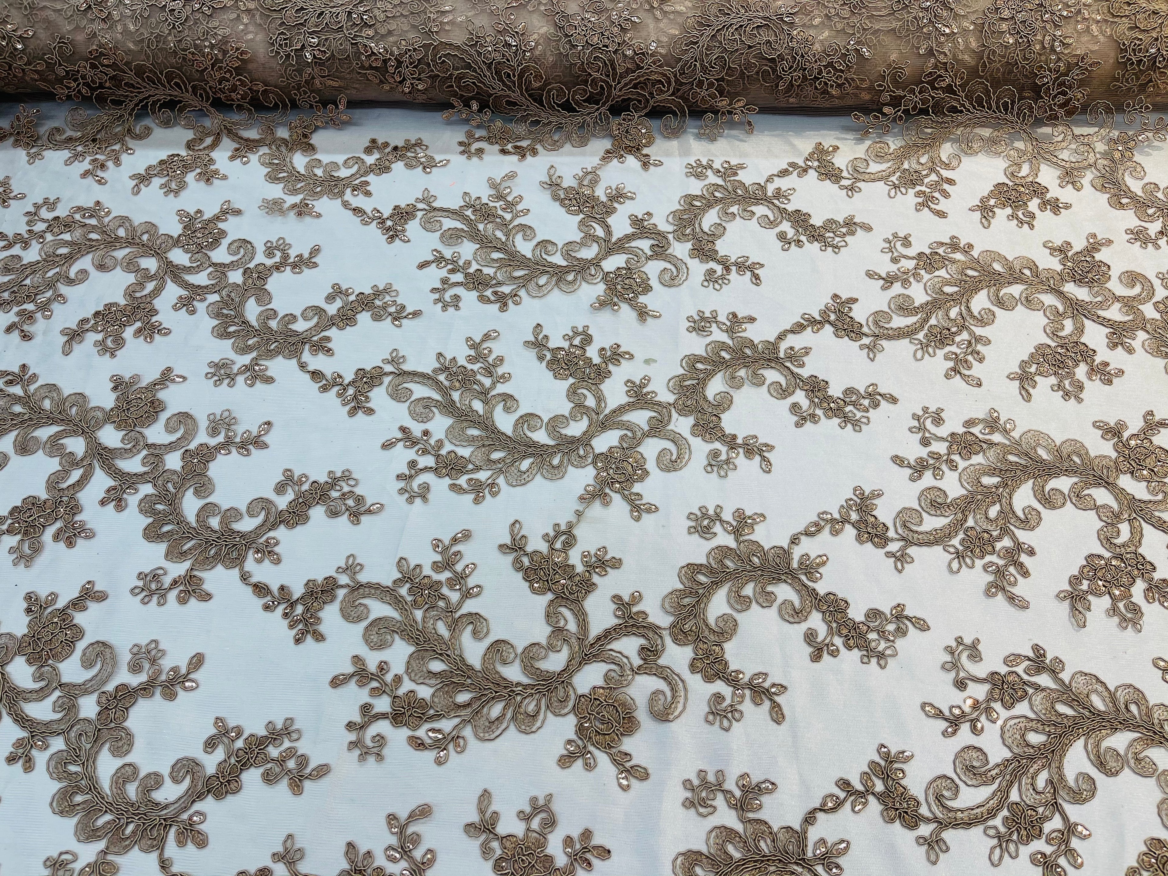 Lace Sequins Fabric - Coffee - Corded Flower Embroidery Design Mesh Fabric By The Yard