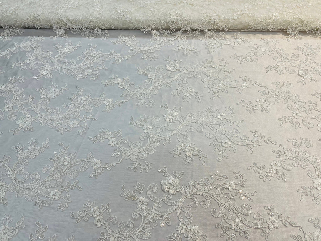 Lace Sequins Fabric - Ivory - Corded Flower Embroidery Design Mesh Fabric By The Yard