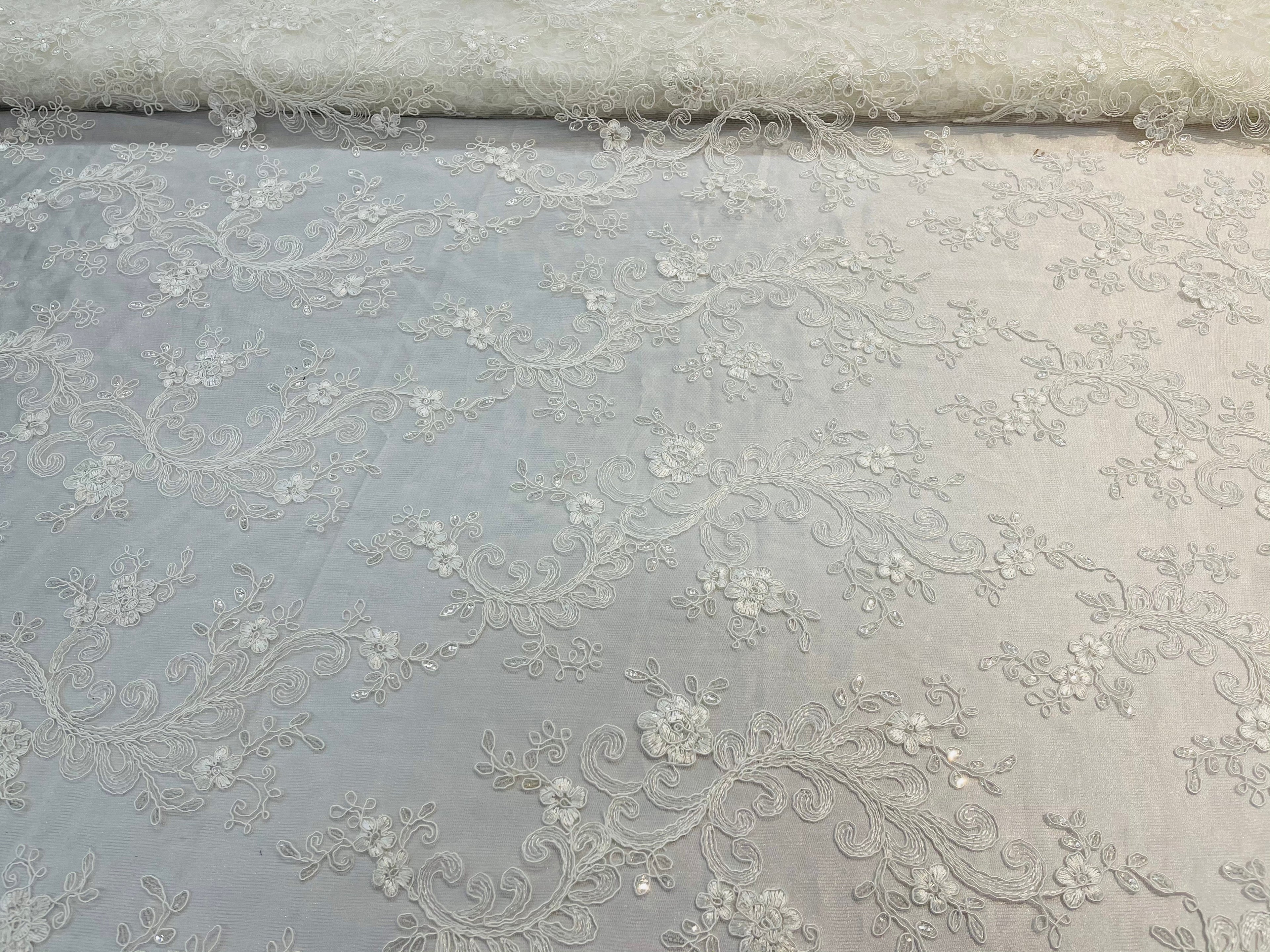 Lace Sequins Fabric - Ivory - Corded Flower Embroidery Design Mesh Fabric By The Yard