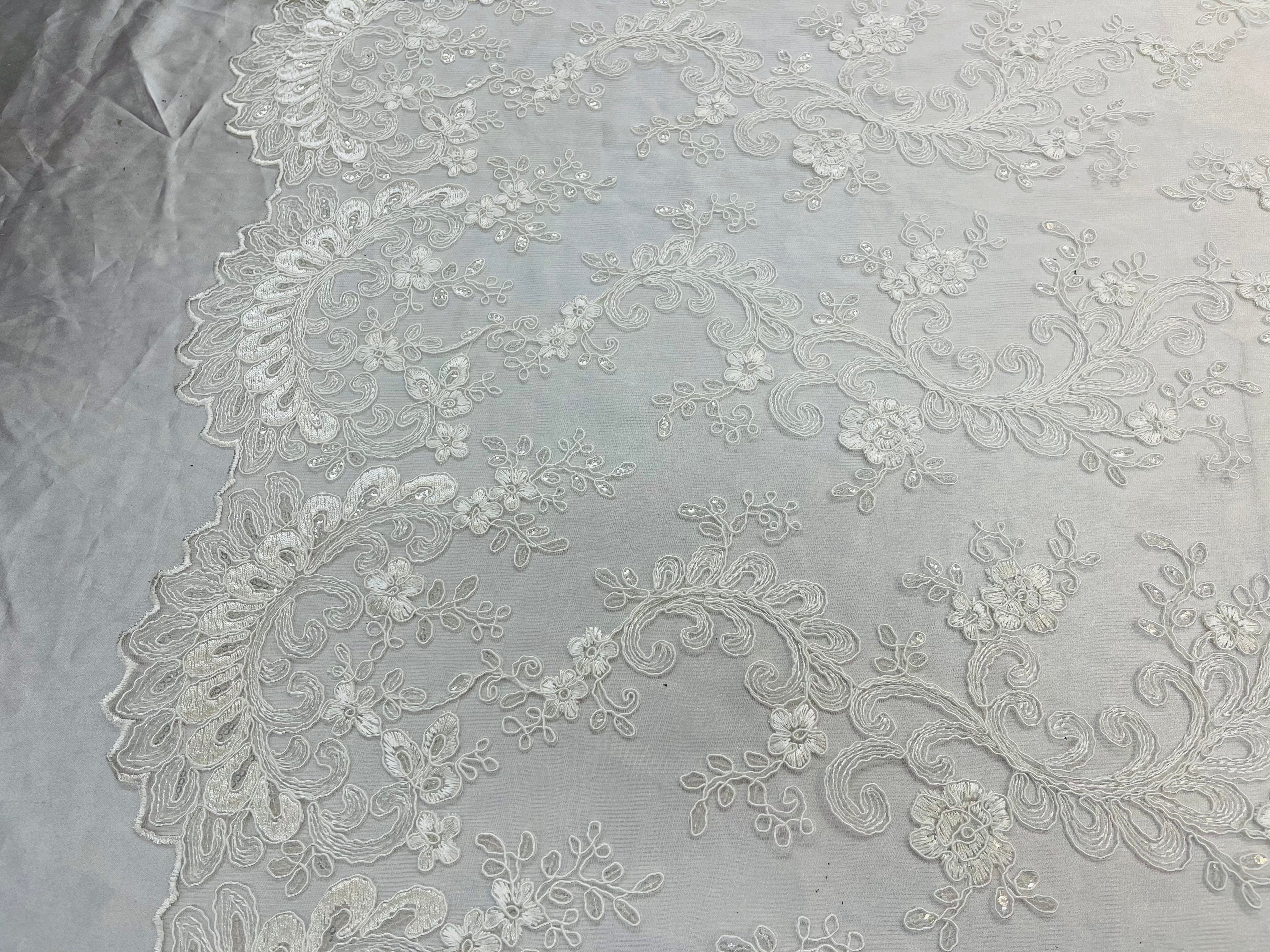 Lace Sequins Fabric - Ivory - Corded Flower Embroidery Design Mesh Fabric By The Yard