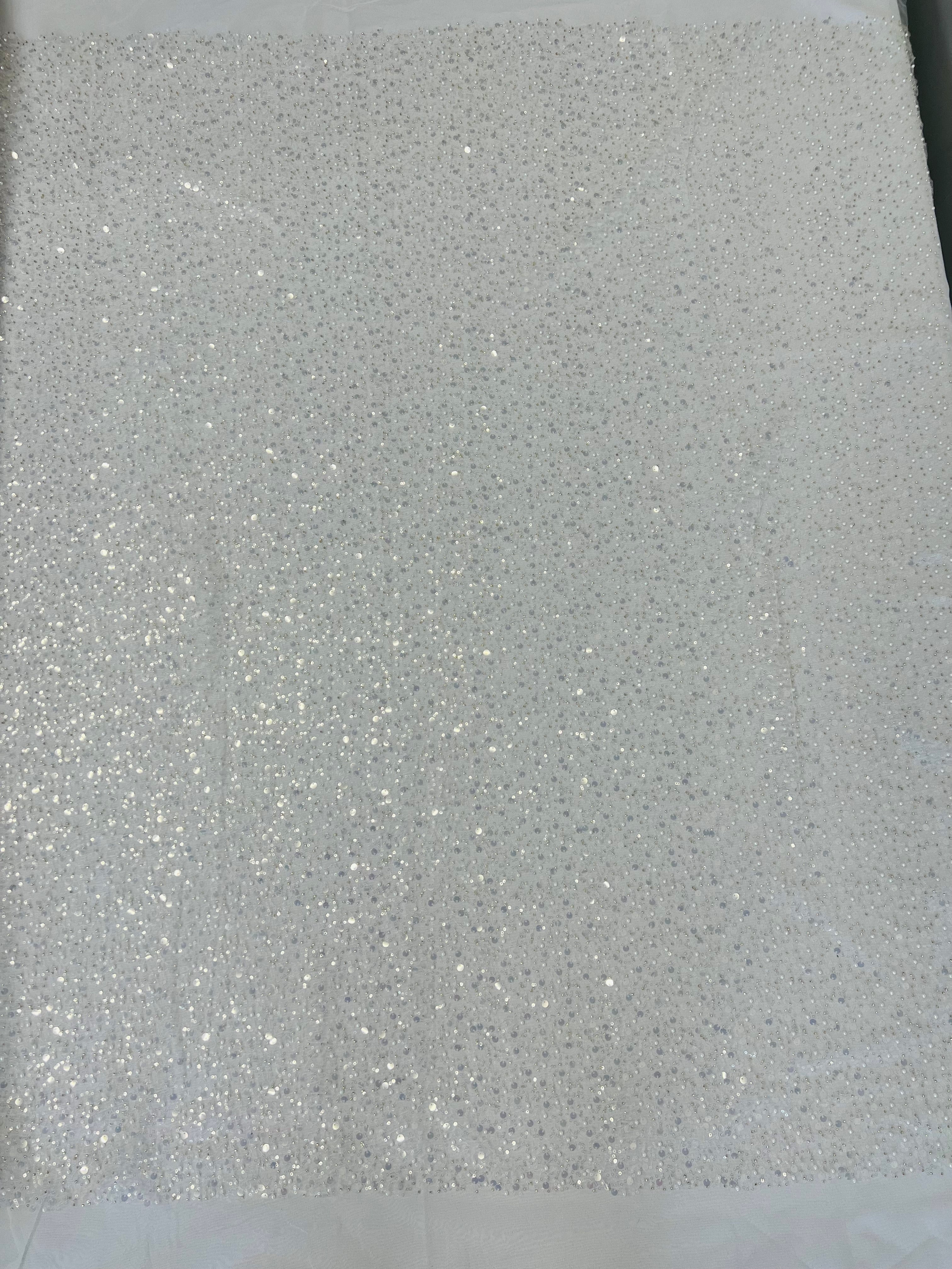 Beaded Mesh Fabric - White - Embroidered Beaded Wedding Bridal Fabric By The Yard
