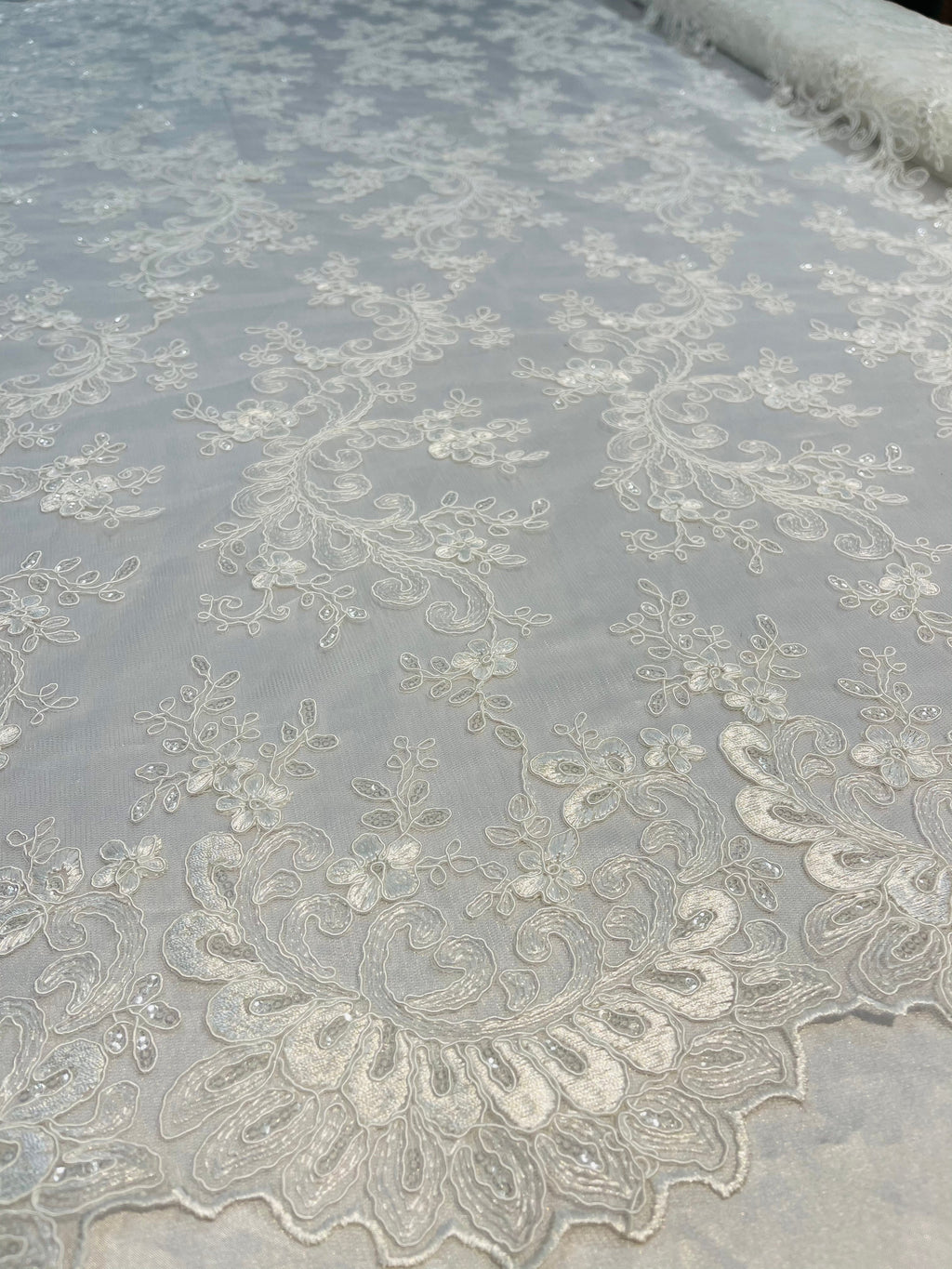 Lace Sequins Fabric - Ivory - Corded Flower Embroidery Design Mesh Fabric By The Yard