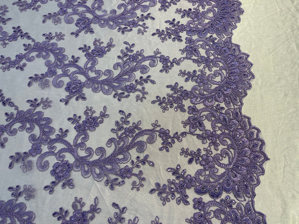 Lace Sequins Fabric - Lilac - Corded Flower Embroidery Design Mesh Fabric By The Yard