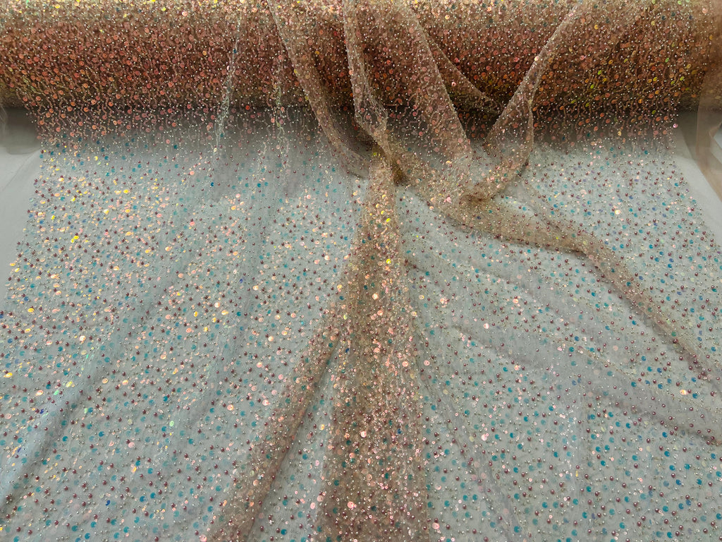 Beaded Mesh Fabric - Blush - Embroidered Beaded Wedding Bridal Fabric By The Yard