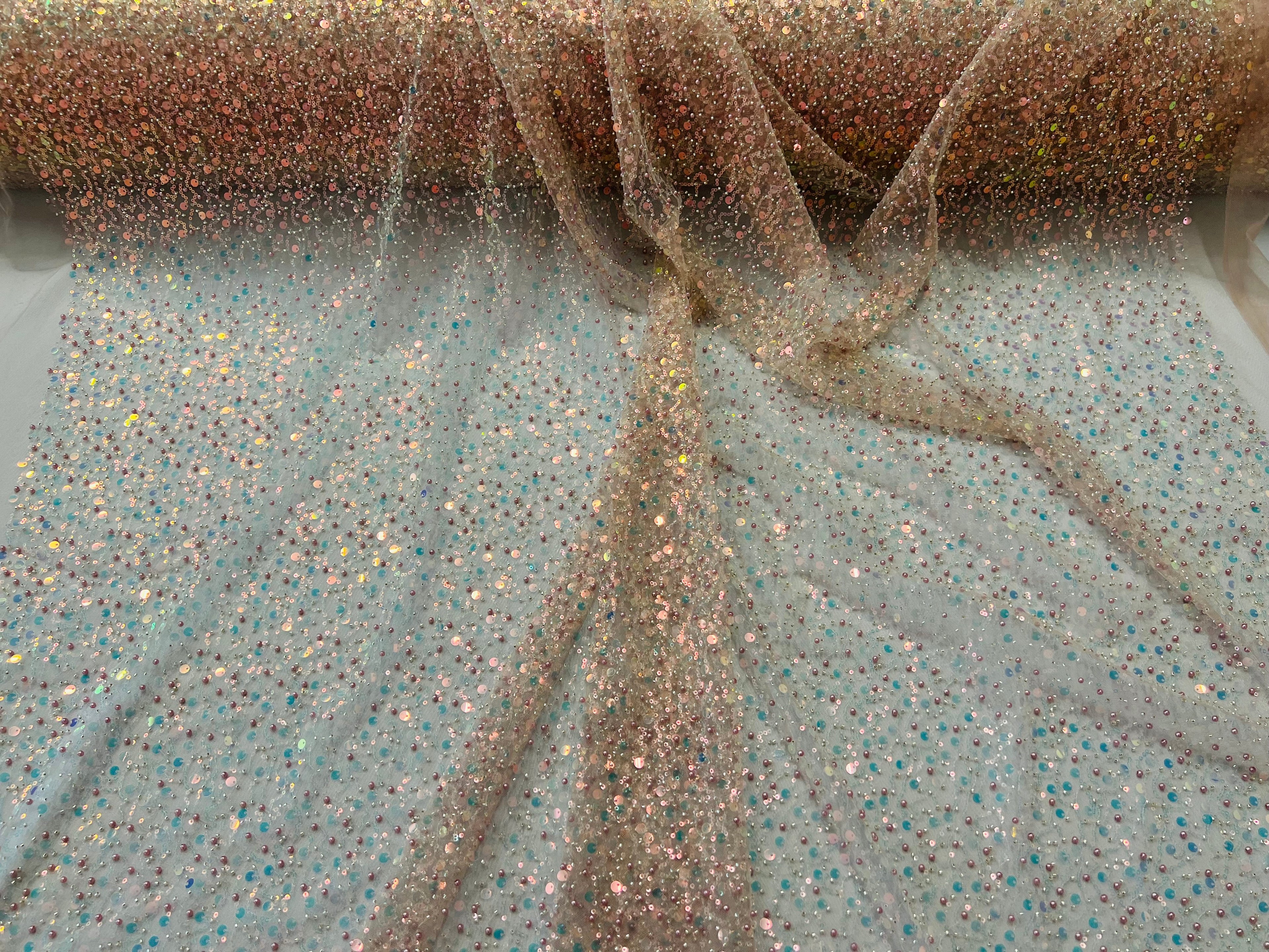Beaded Mesh Fabric - Blush - Embroidered Beaded Wedding Bridal Fabric By The Yard