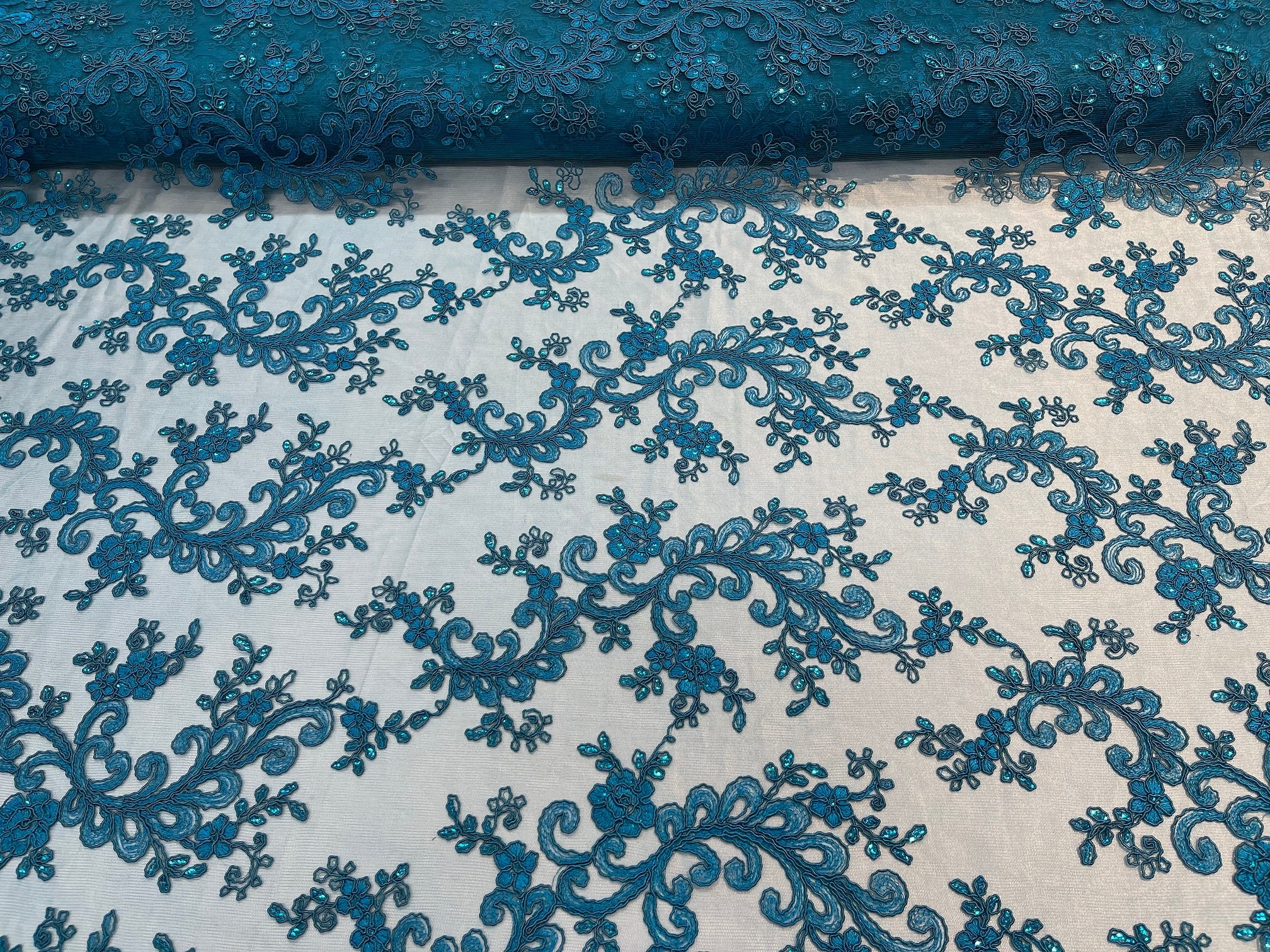 Lace Sequins Fabric - Turquoise - Corded Flower Embroidery Design Mesh Fabric By The Yard