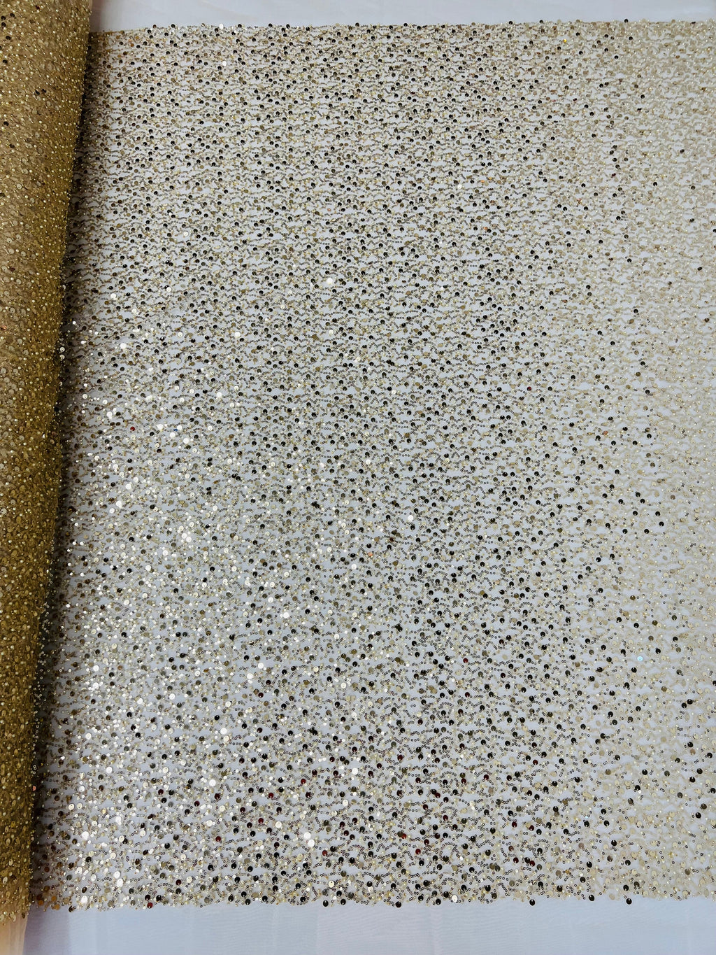 Beaded Mesh Fabric - Light Gold - Embroidered Beaded Wedding Bridal Fabric By The Yard