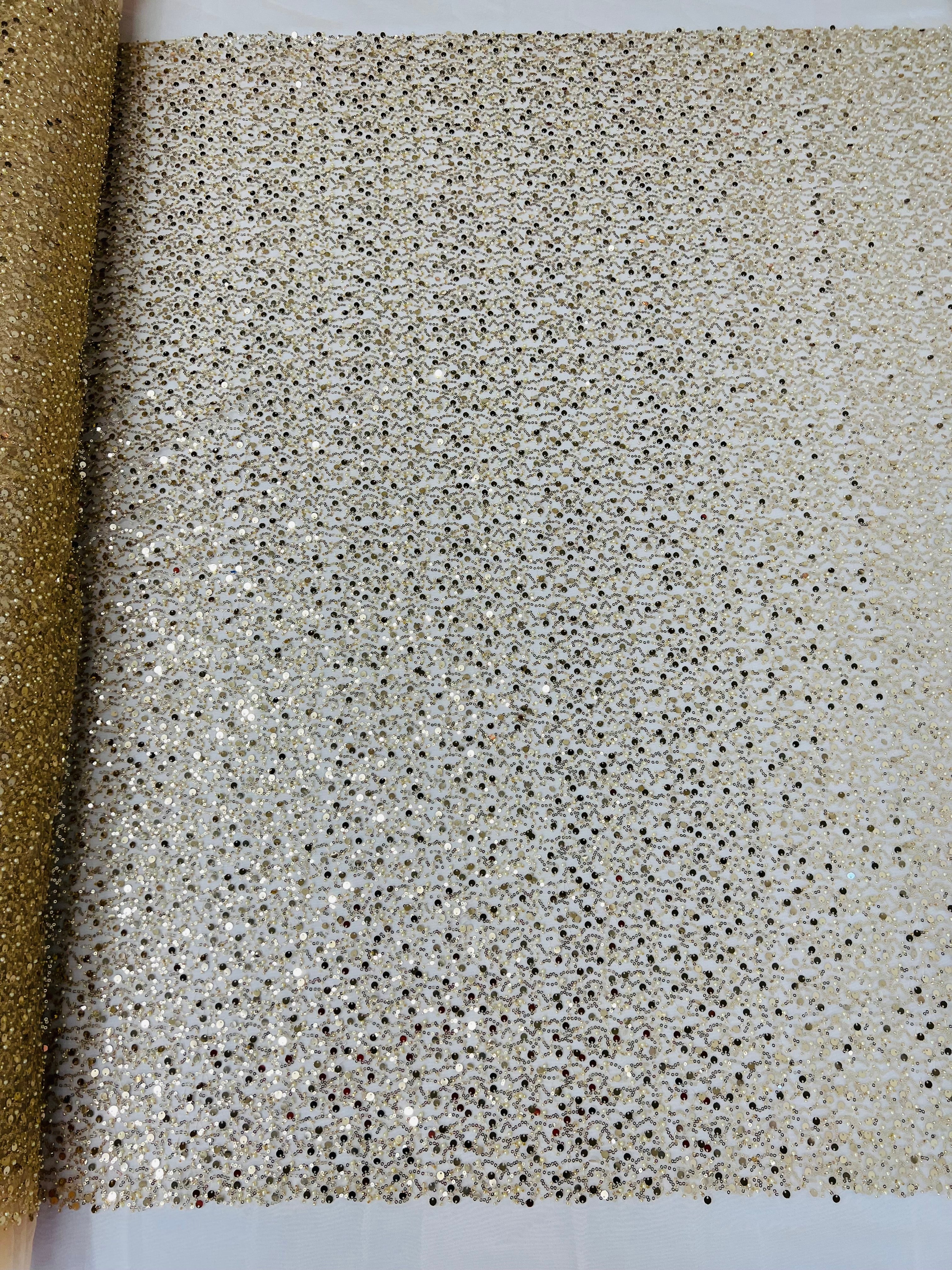 Beaded Mesh Fabric - Light Gold - Embroidered Beaded Wedding Bridal Fabric By The Yard