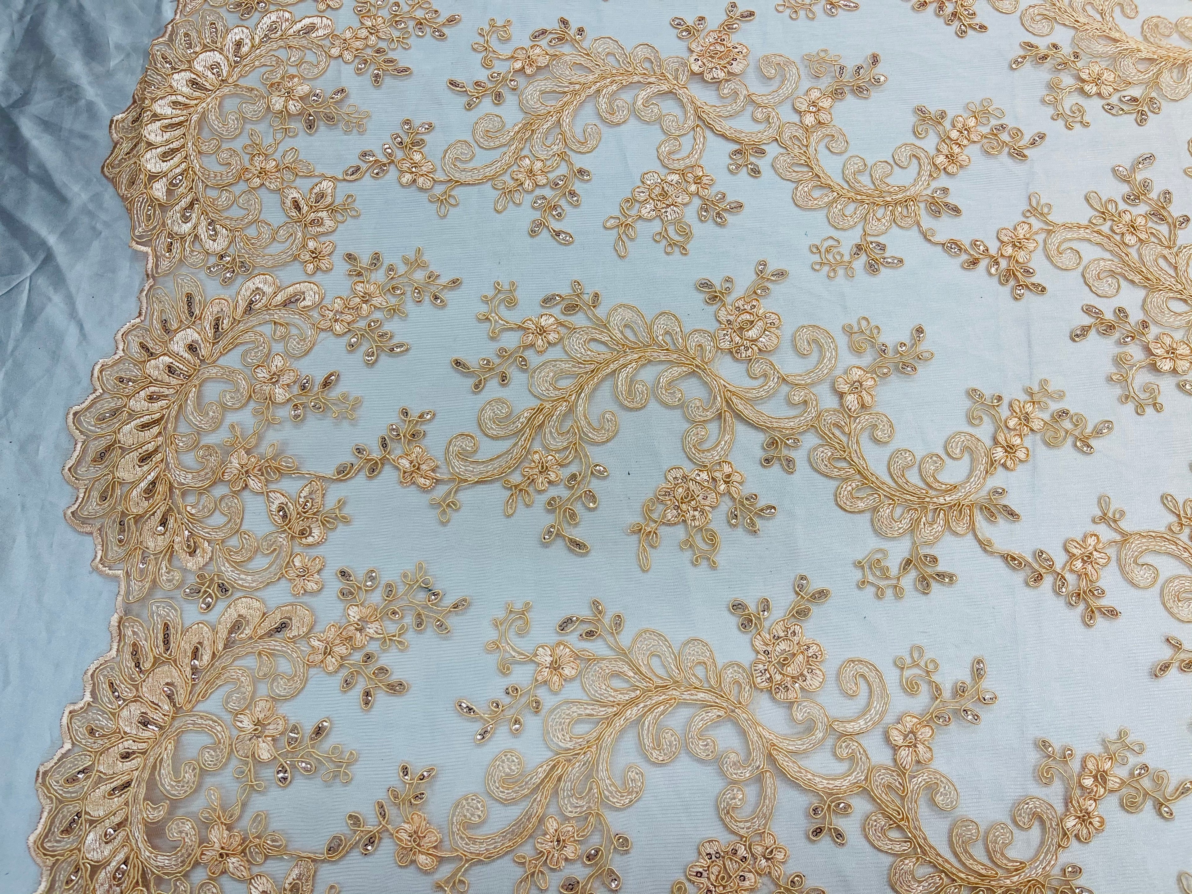 Lace Sequins Fabric - Light Peach - Corded Flower Embroidery Design Mesh Fabric By The Yard
