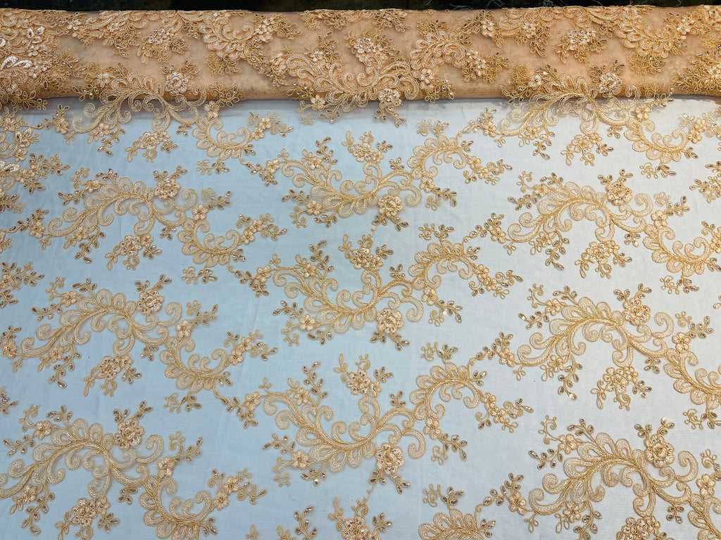 Lace Sequins Fabric - Light Peach - Corded Flower Embroidery Design Mesh Fabric By The Yard