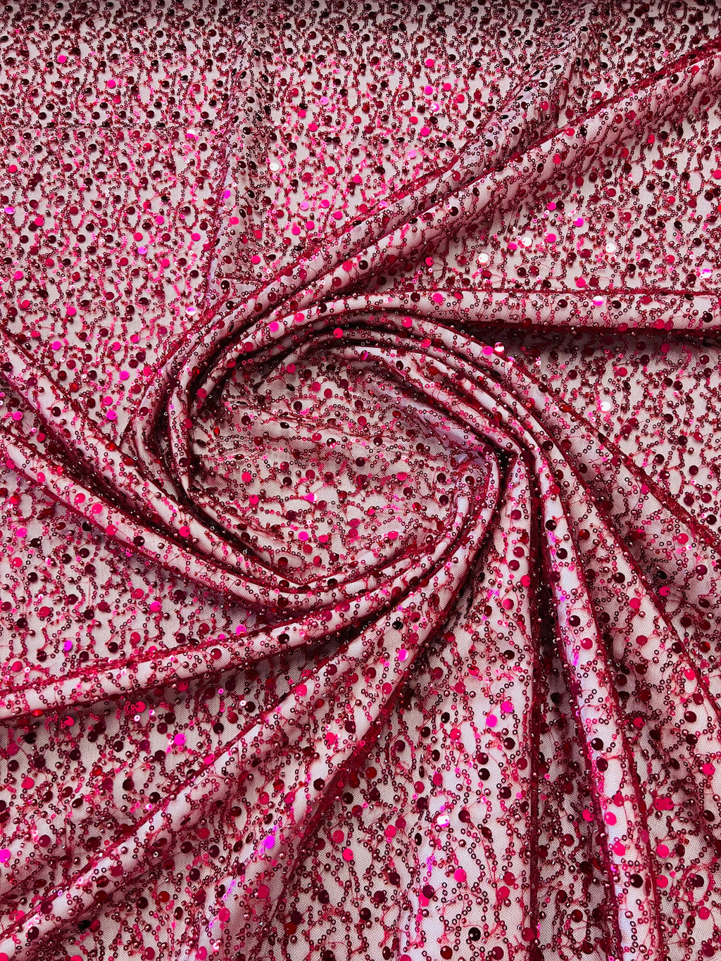 Beaded Mesh Fabric - Burgundy - Embroidered Beaded Wedding Bridal Fabric By The Yard