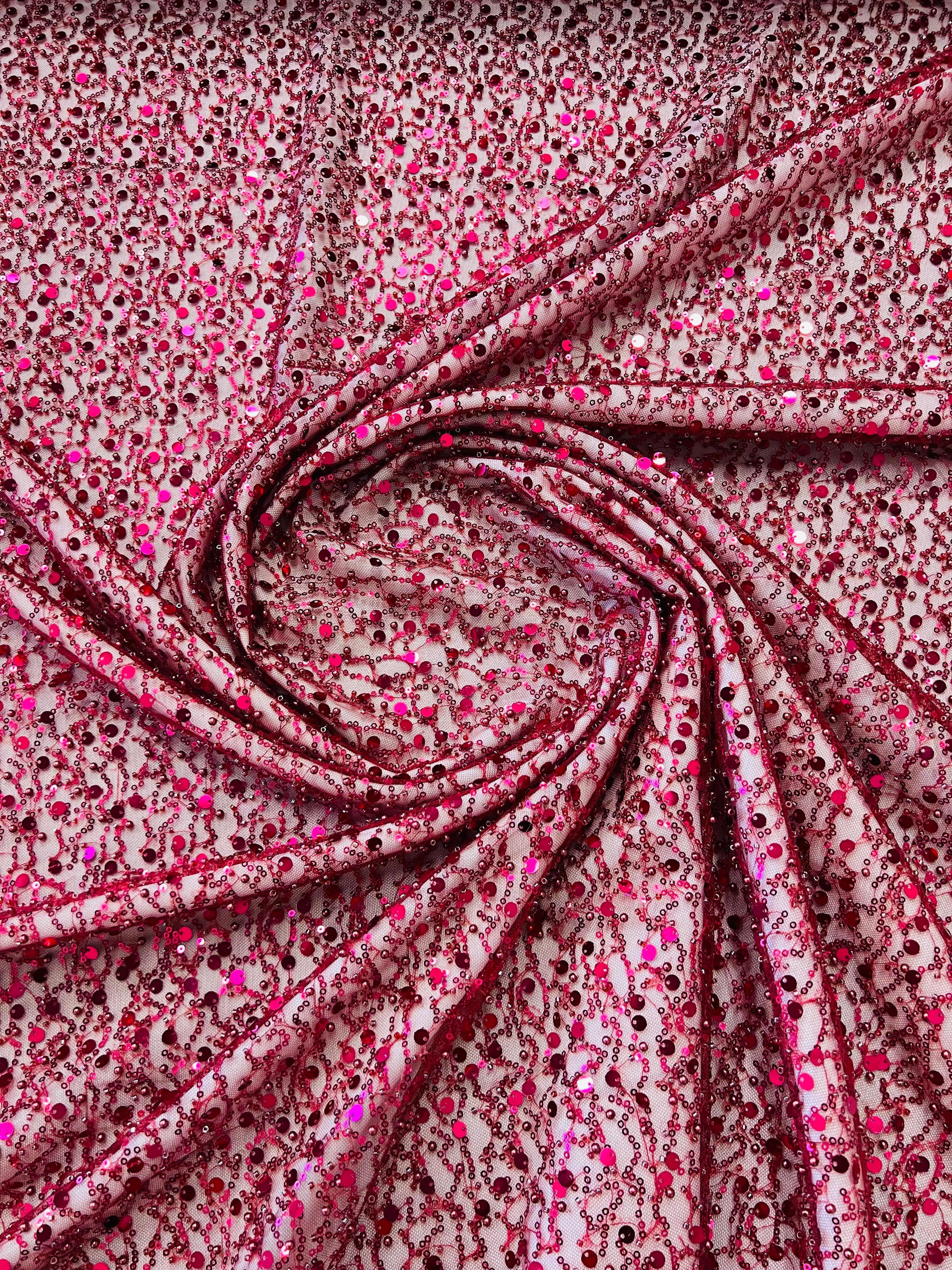Beaded Mesh Fabric - Burgundy - Embroidered Beaded Wedding Bridal Fabric By The Yard