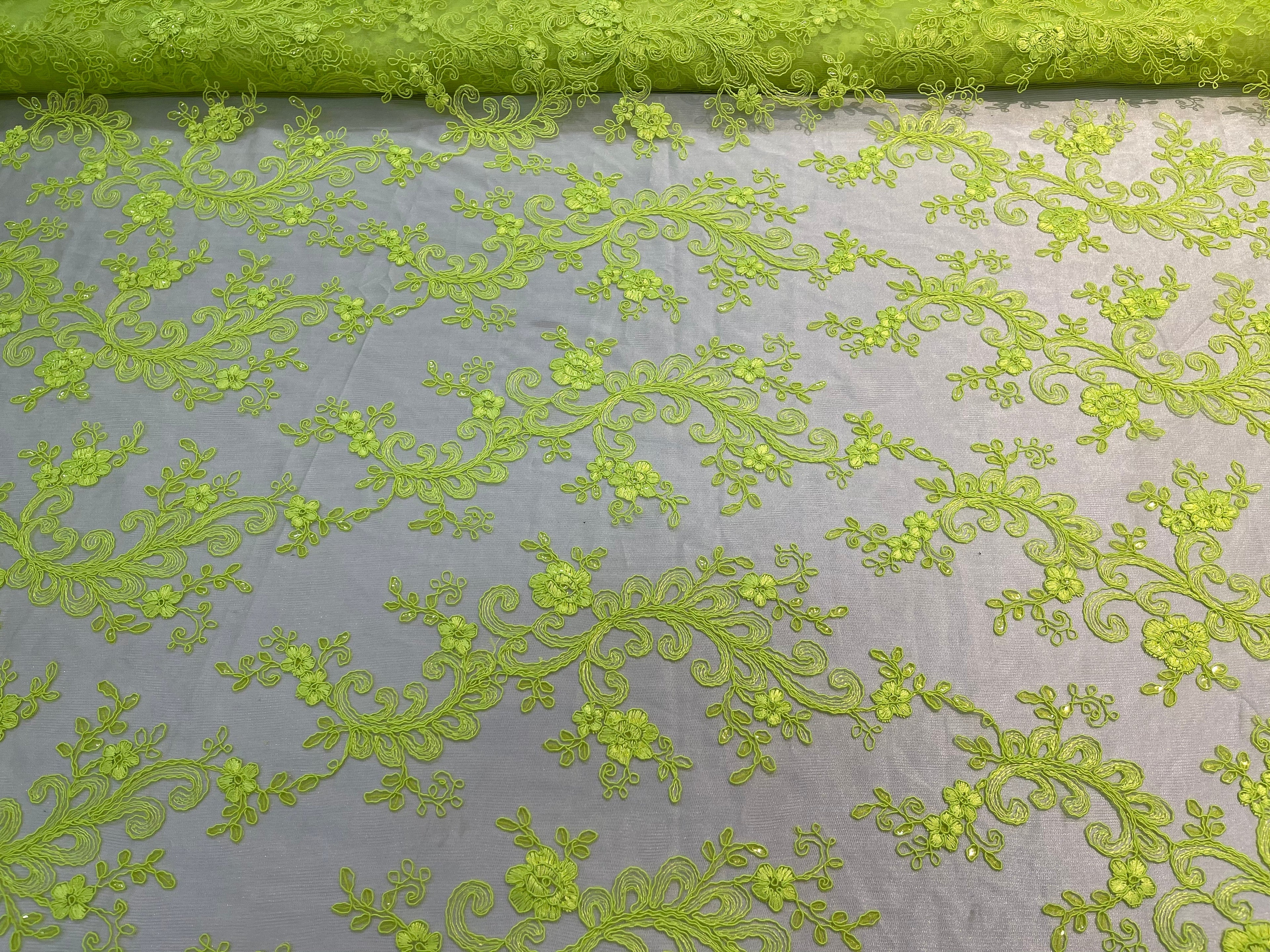 Lace Sequins Fabric - Neon Green - Corded Flower Embroidery Design Mesh Fabric By The Yard