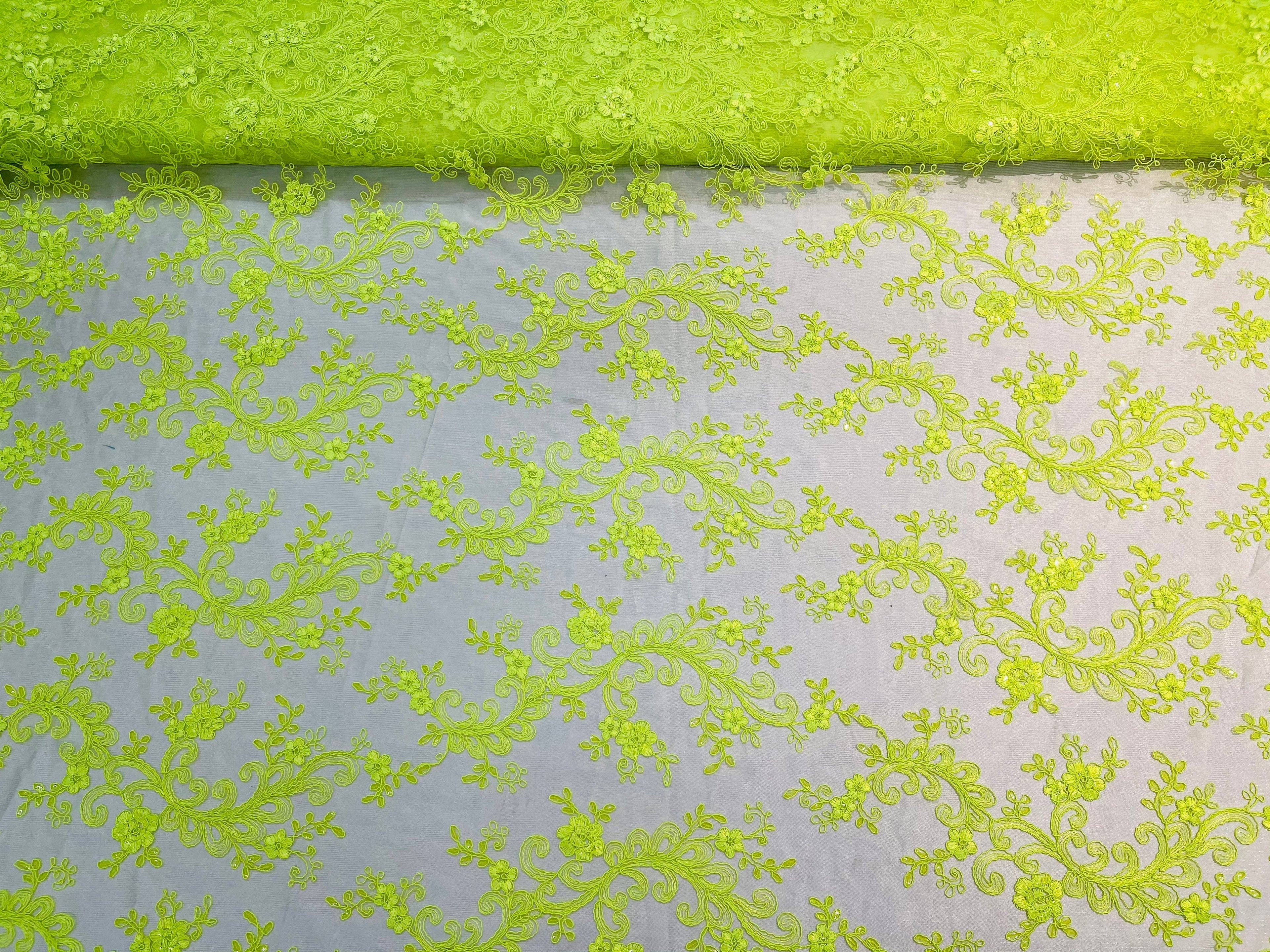 Lace Sequins Fabric - Neon Green - Corded Flower Embroidery Design Mesh Fabric By The Yard