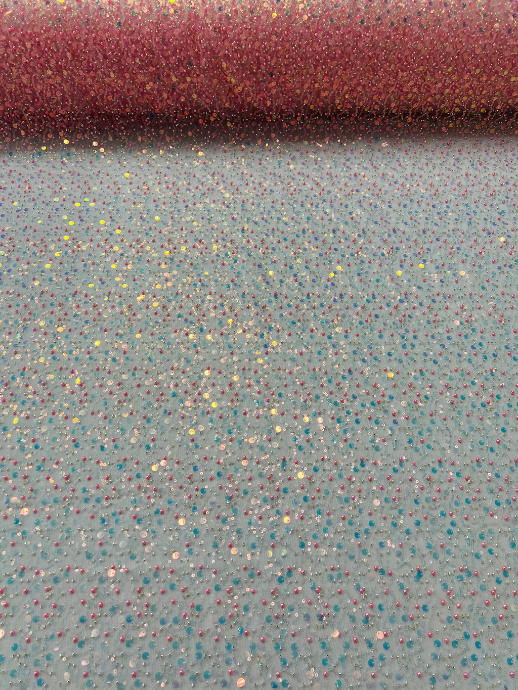Beaded Mesh Fabric - Pink Iridescent - Embroidered Beaded Wedding Bridal Fabric By The Yard