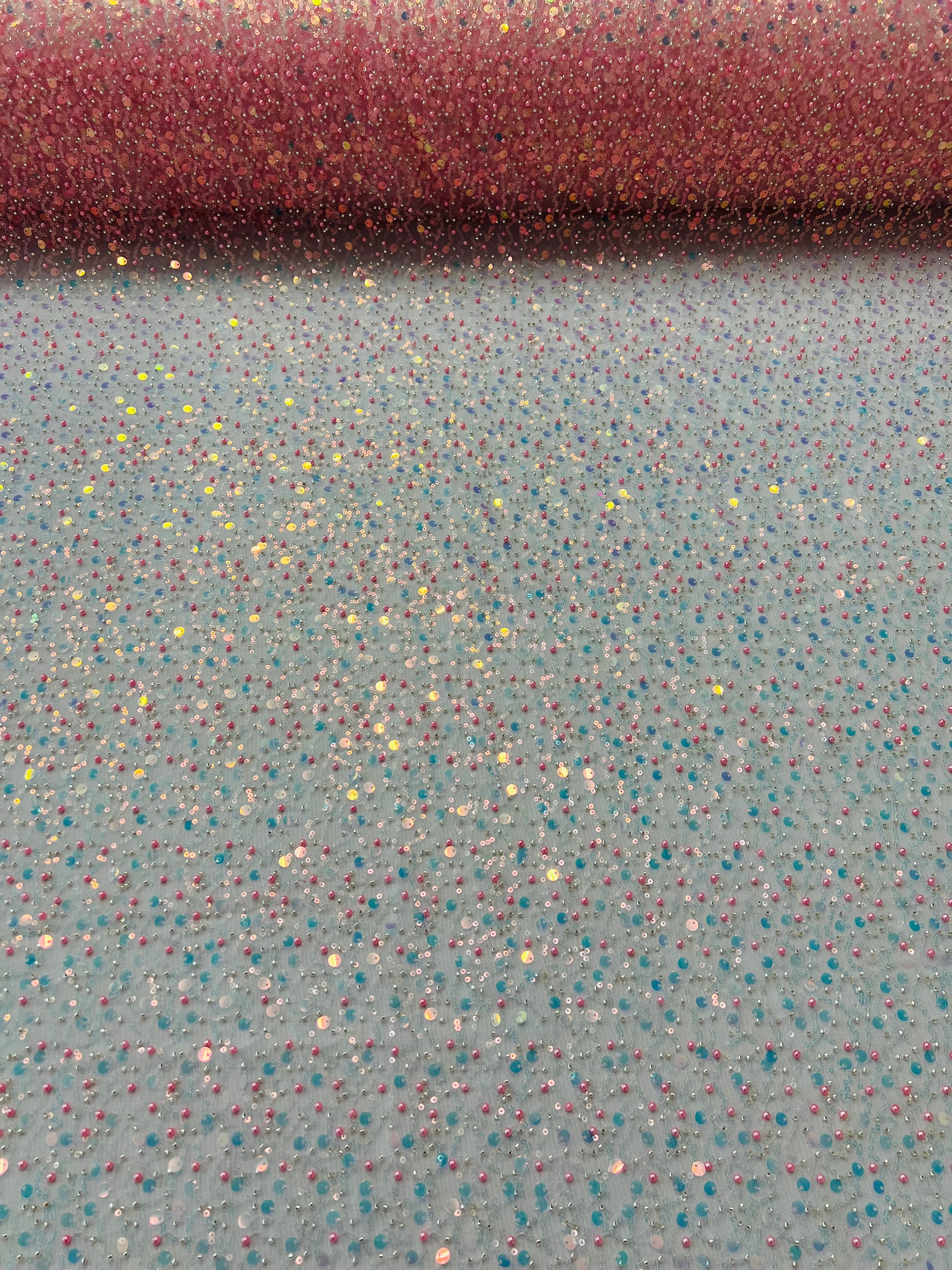 Beaded Mesh Fabric - Pink Iridescent - Embroidered Beaded Wedding Bridal Fabric By The Yard