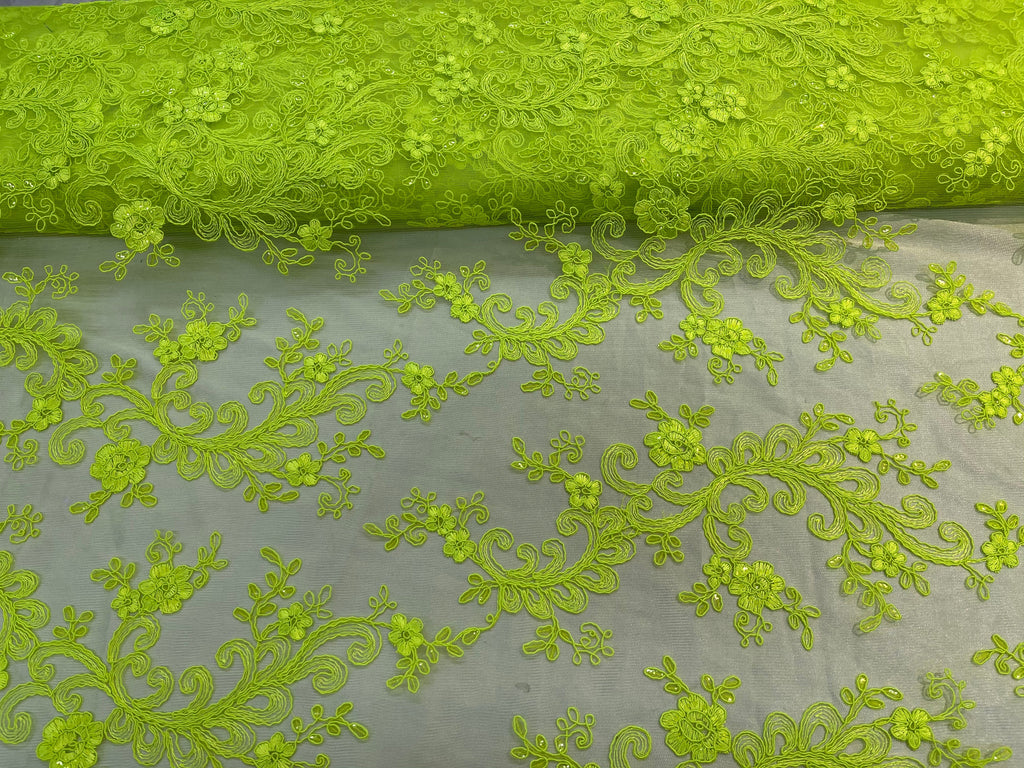 Lace Sequins Fabric - Neon Green - Corded Flower Embroidery Design Mesh Fabric By The Yard
