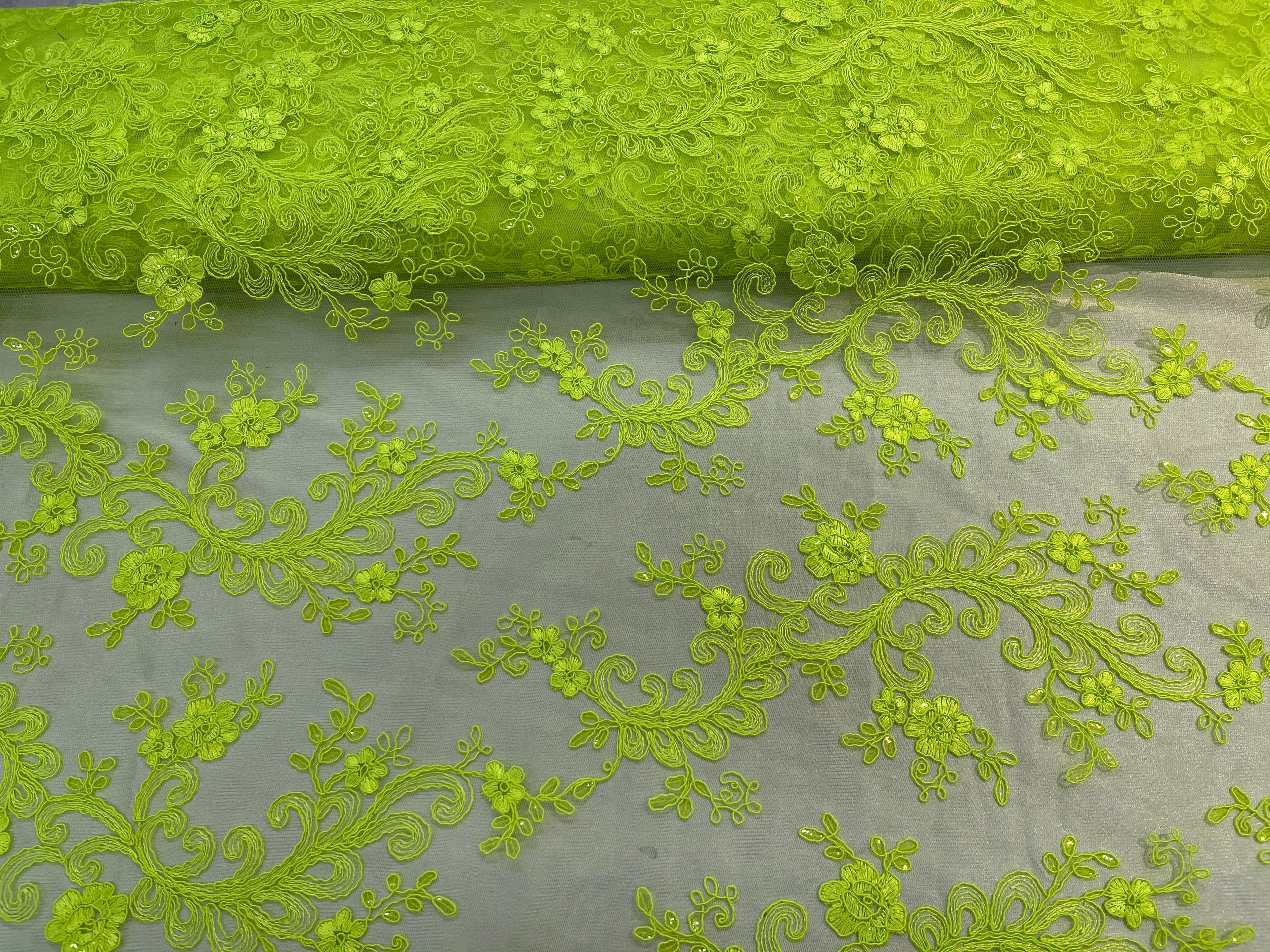 Lace Sequins Fabric - Neon Green - Corded Flower Embroidery Design Mesh Fabric By The Yard