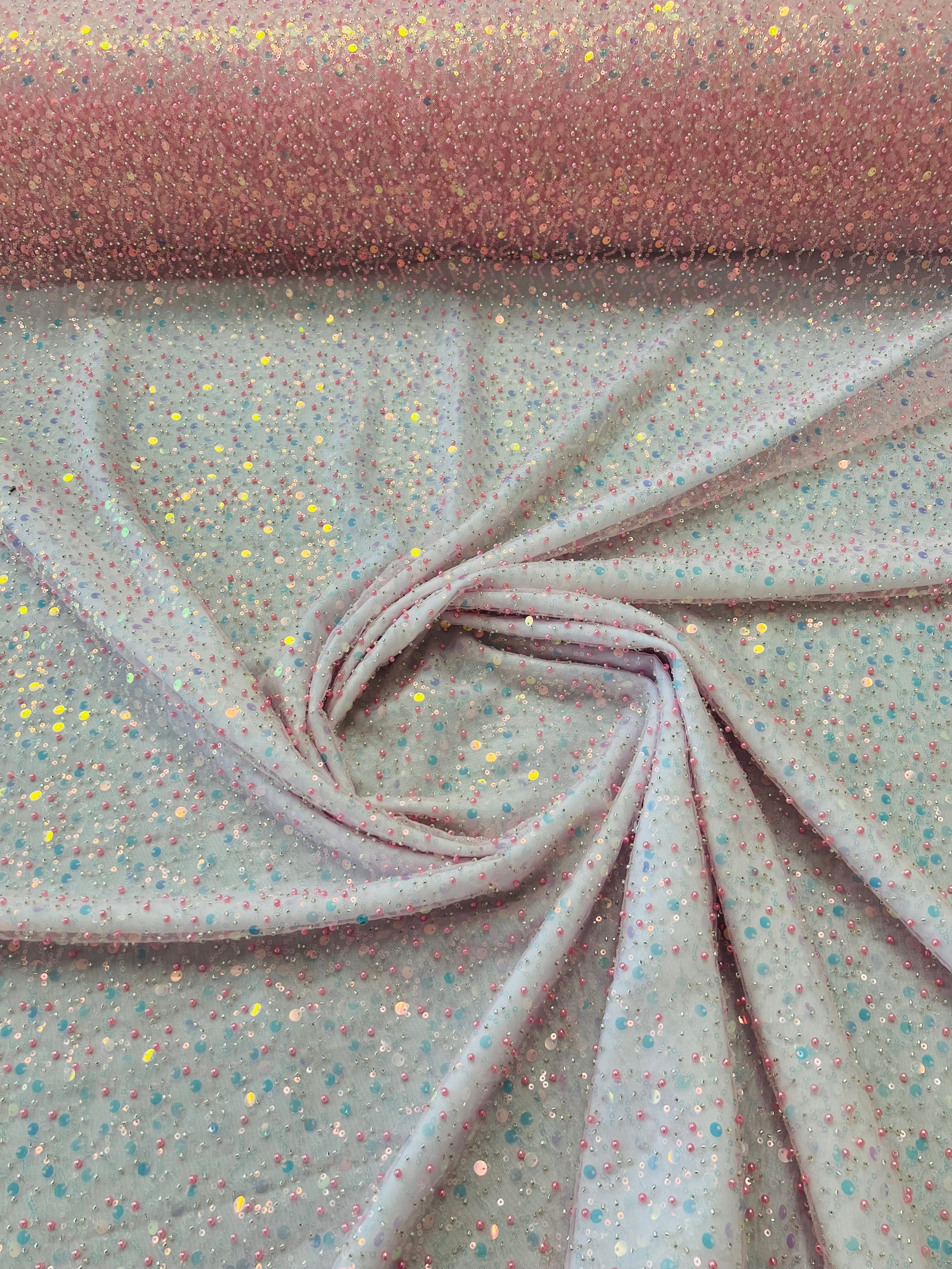 Beaded Mesh Fabric - Pink Iridescent - Embroidered Beaded Wedding Bridal Fabric By The Yard