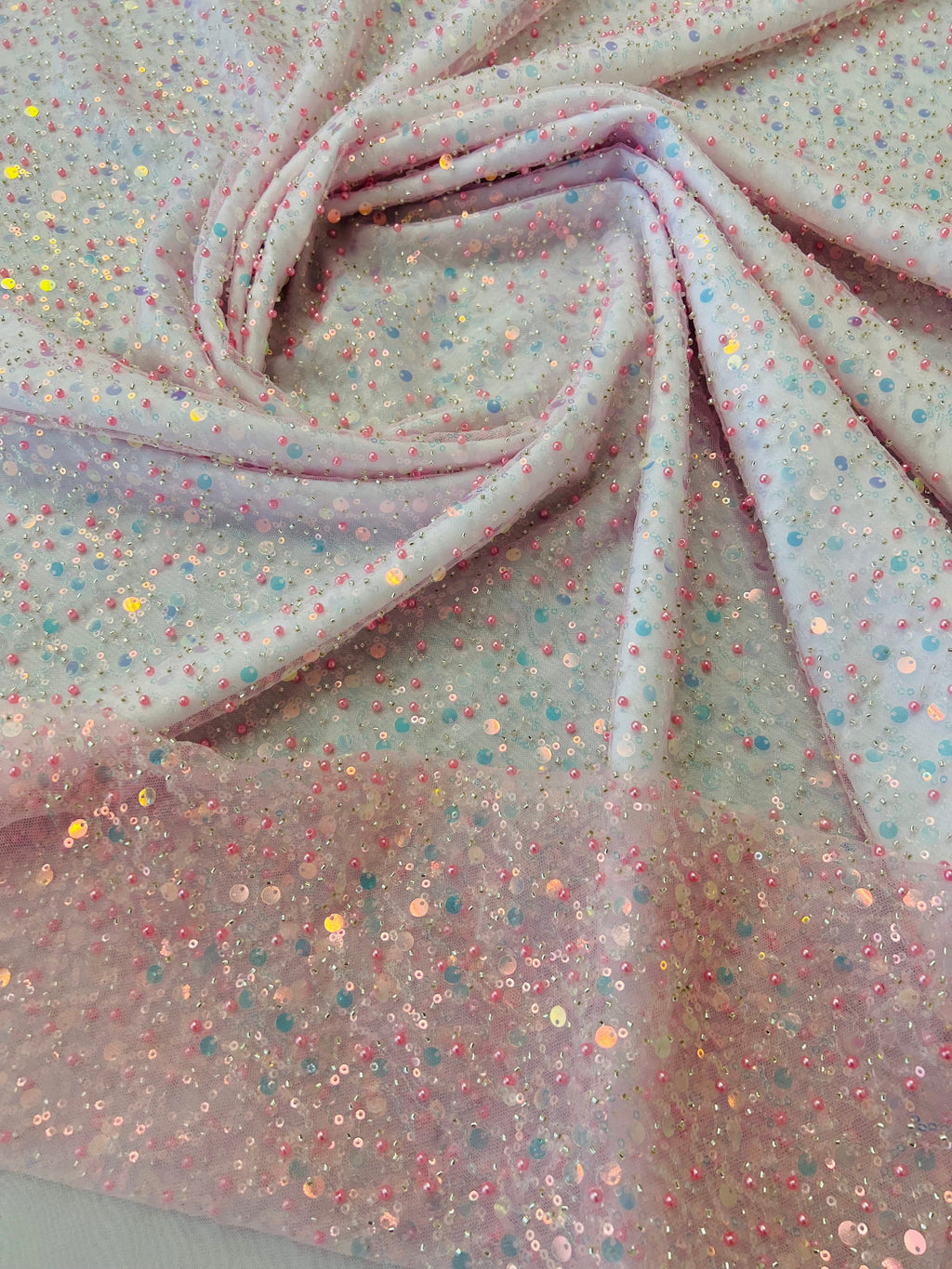 Beaded Mesh Fabric - Pink Iridescent - Embroidered Beaded Wedding Bridal Fabric By The Yard