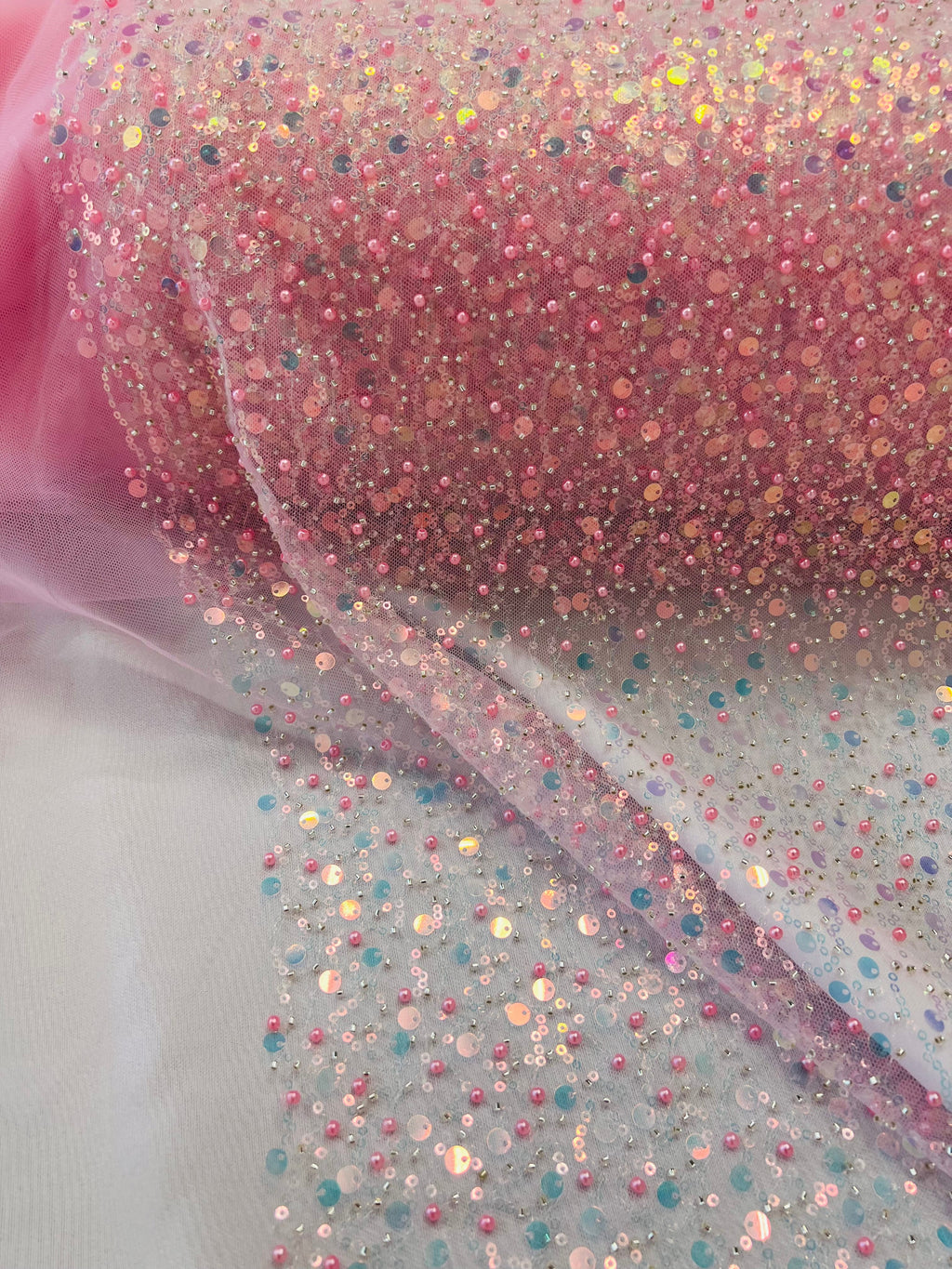 Beaded Mesh Fabric - Pink Iridescent - Embroidered Beaded Wedding Bridal Fabric By The Yard