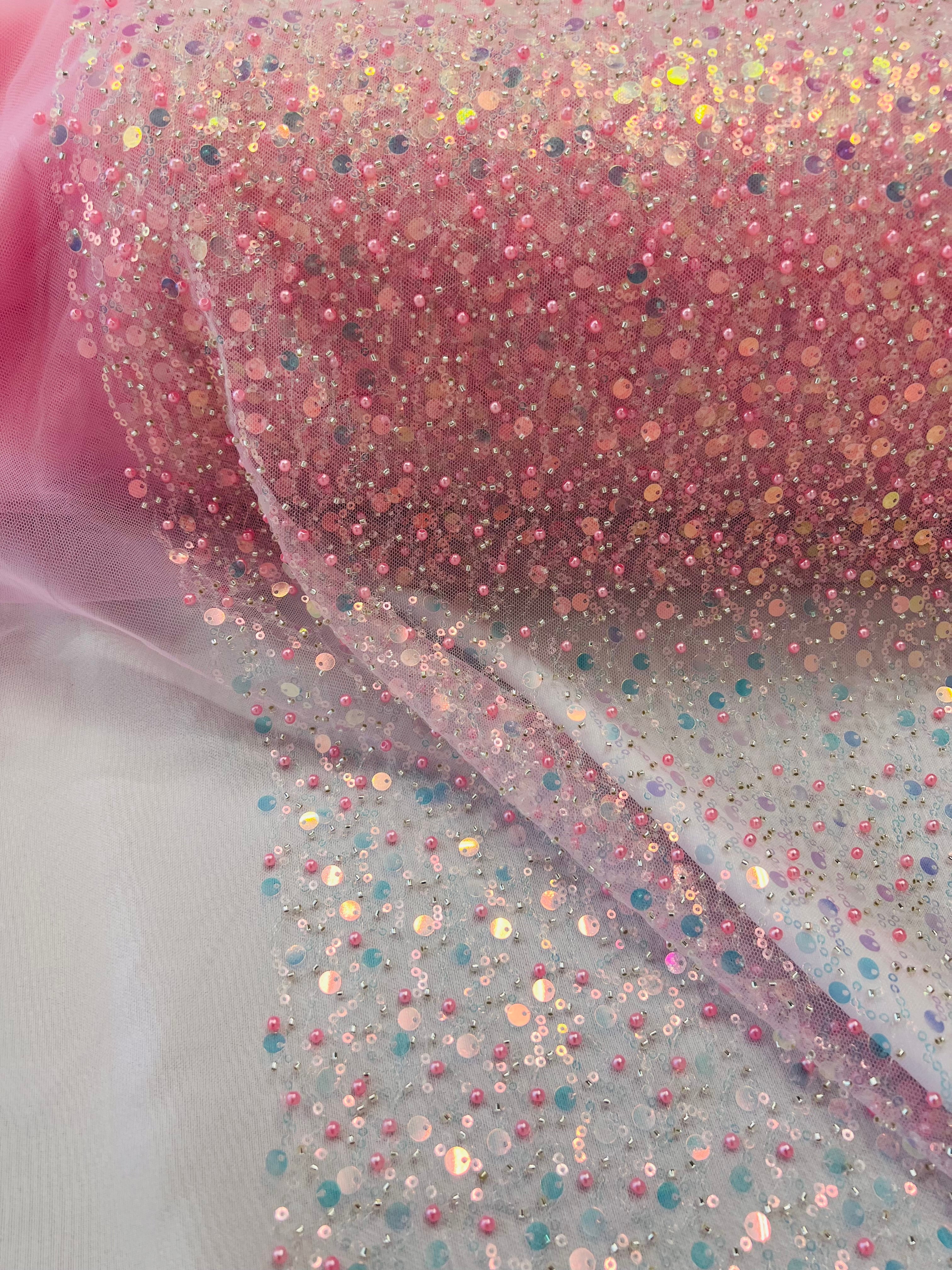 Beaded Mesh Fabric - Pink Iridescent - Embroidered Beaded Wedding Bridal Fabric By The Yard