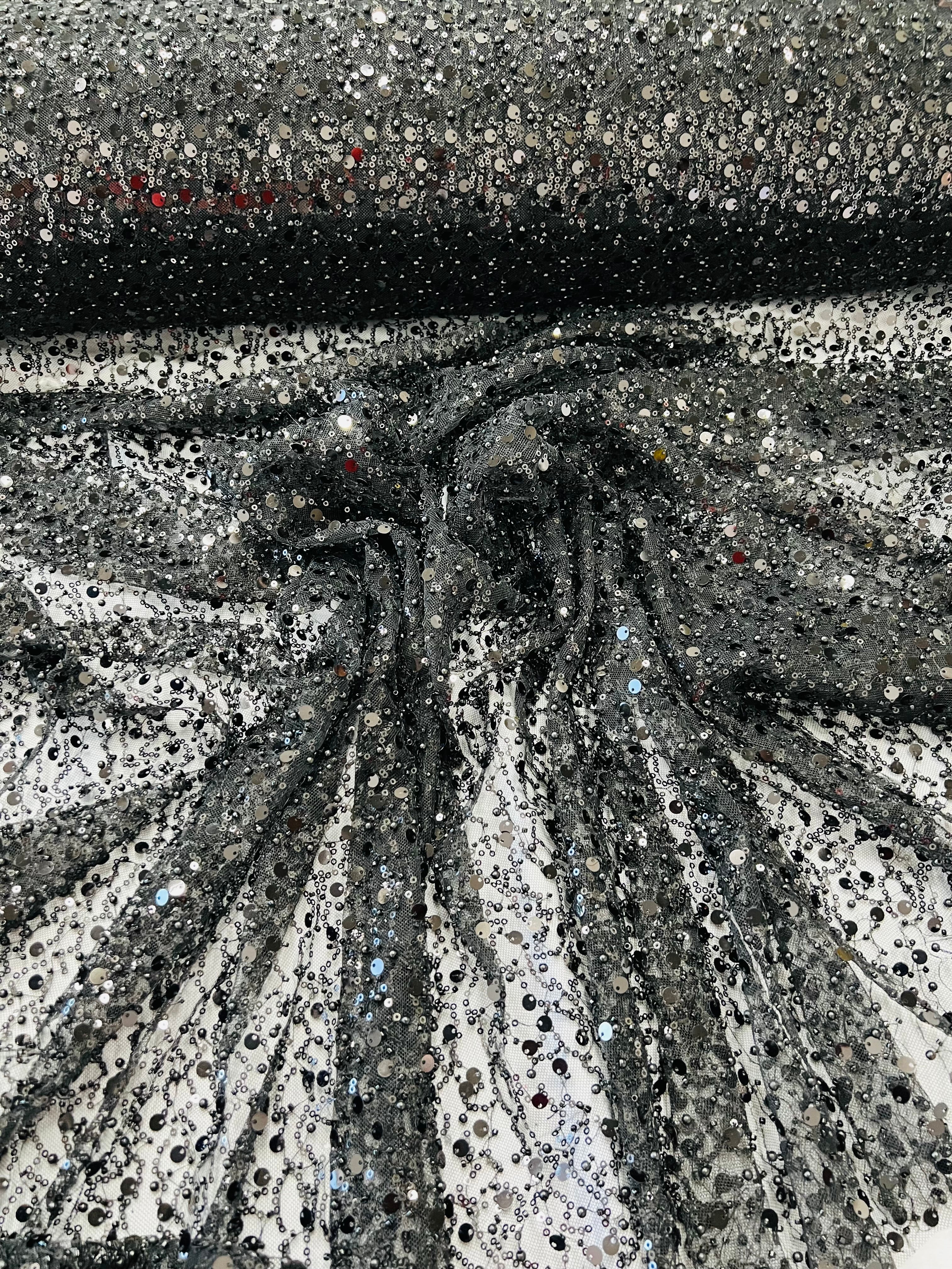 Beaded Mesh Fabric - Black - Embroidered Beaded Wedding Bridal Fabric By The Yard