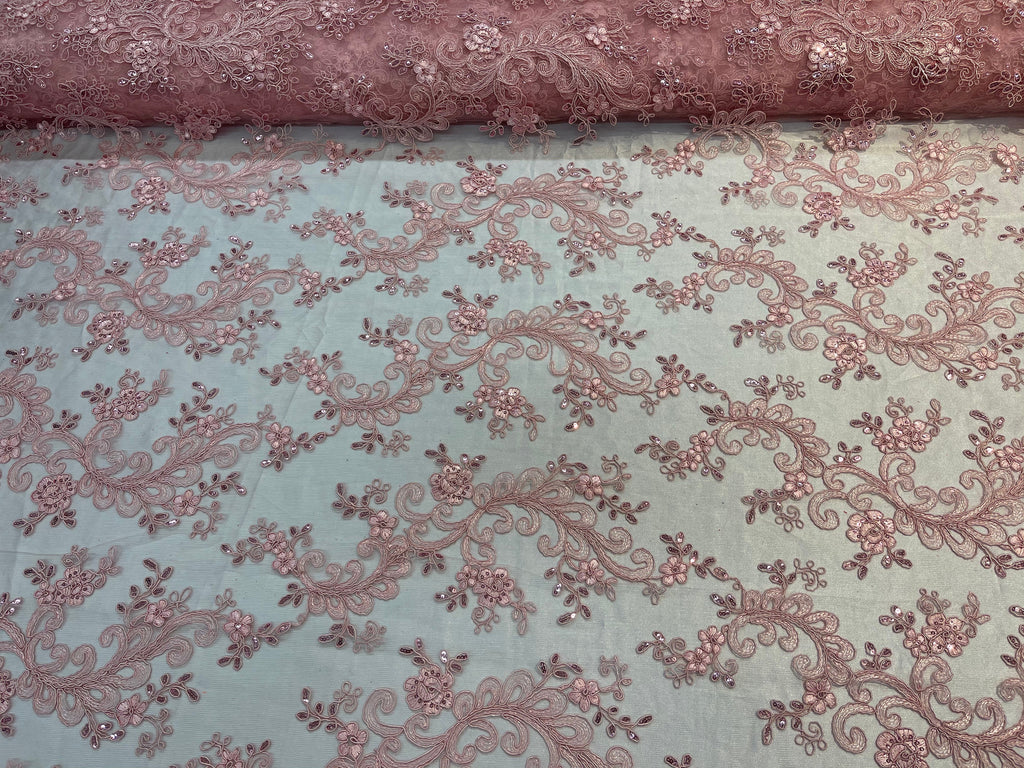 Lace Sequins Fabric - Pink - Corded Flower Embroidery Design Mesh Fabric By The Yard