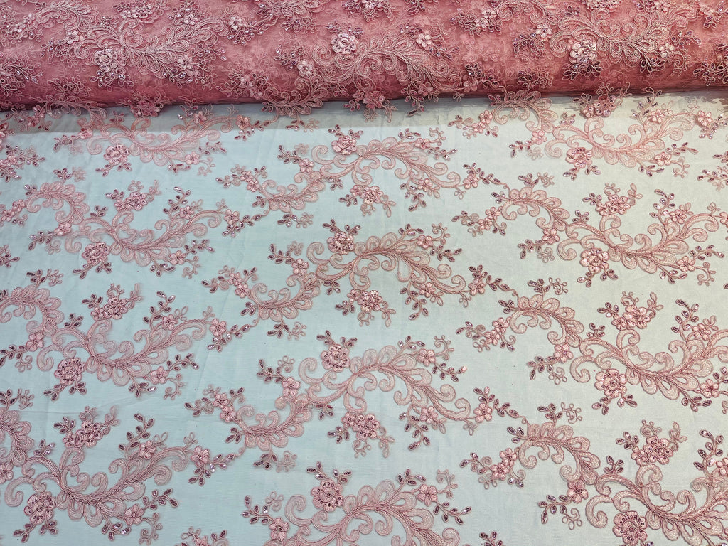 Lace Sequins Fabric - Pink - Corded Flower Embroidery Design Mesh Fabric By The Yard
