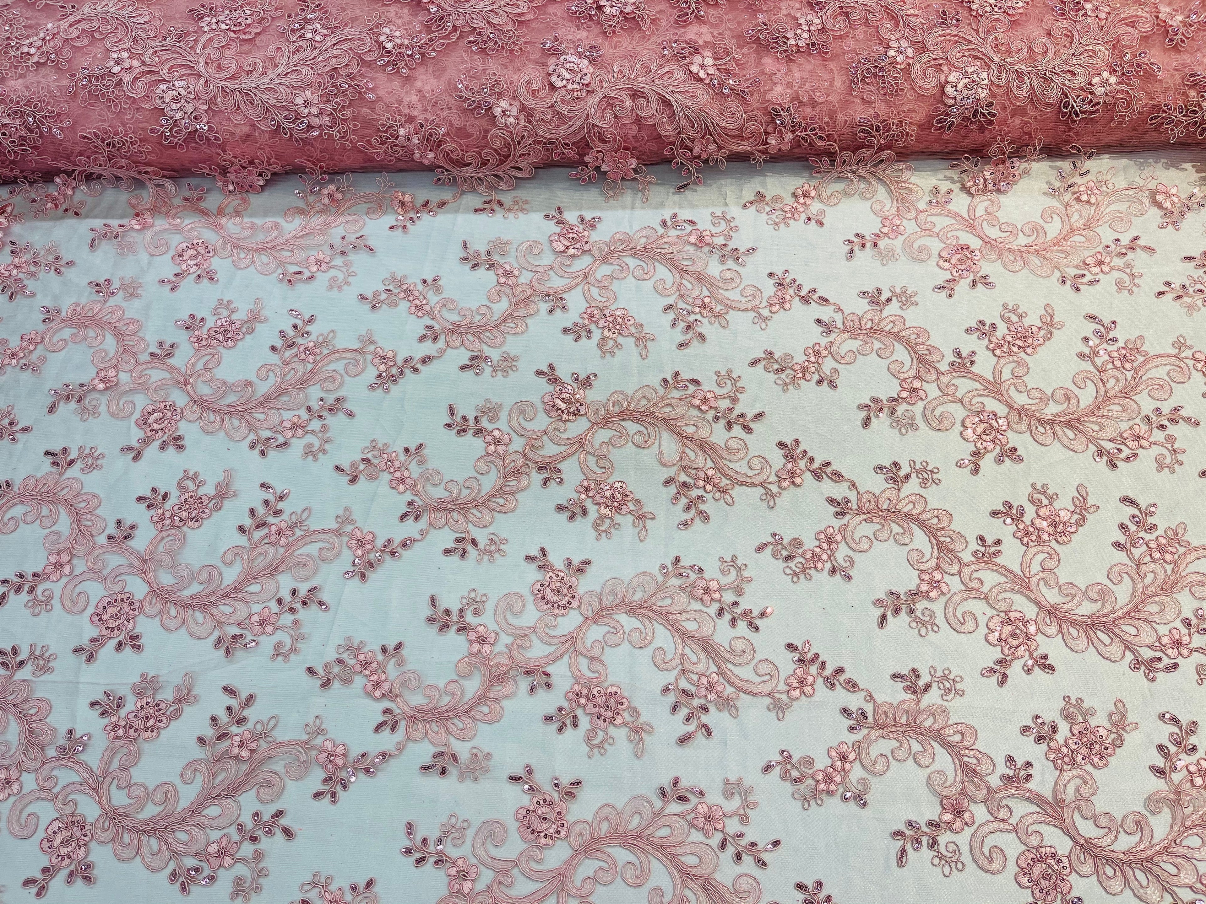 Lace Sequins Fabric - Pink - Corded Flower Embroidery Design Mesh Fabric By The Yard