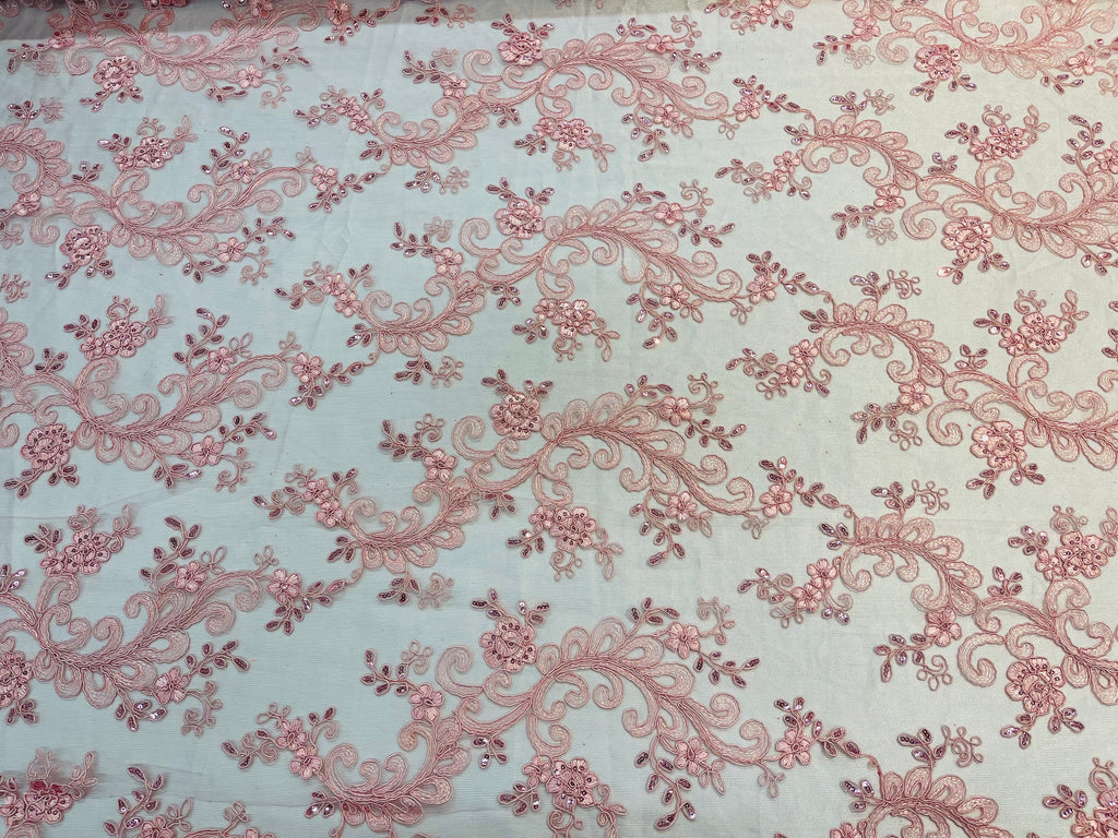 Lace Sequins Fabric - Pink - Corded Flower Embroidery Design Mesh Fabric By The Yard