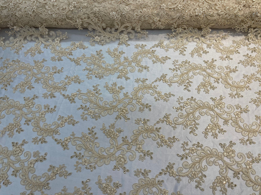 Lace Sequins Fabric - Light Beige - Corded Flower Embroidery Design Mesh Fabric By The Yard