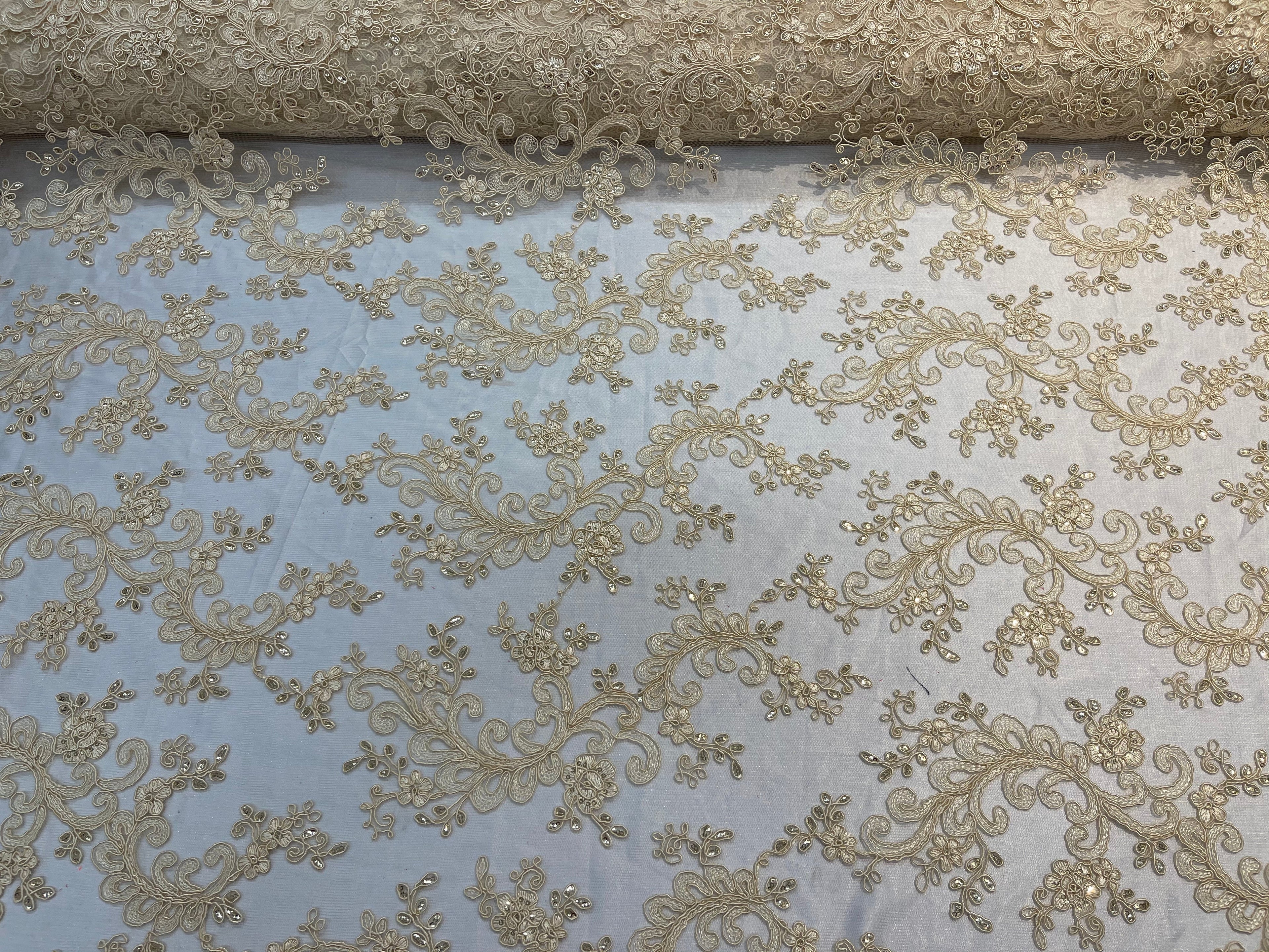 Lace Sequins Fabric - Light Beige - Corded Flower Embroidery Design Mesh Fabric By The Yard