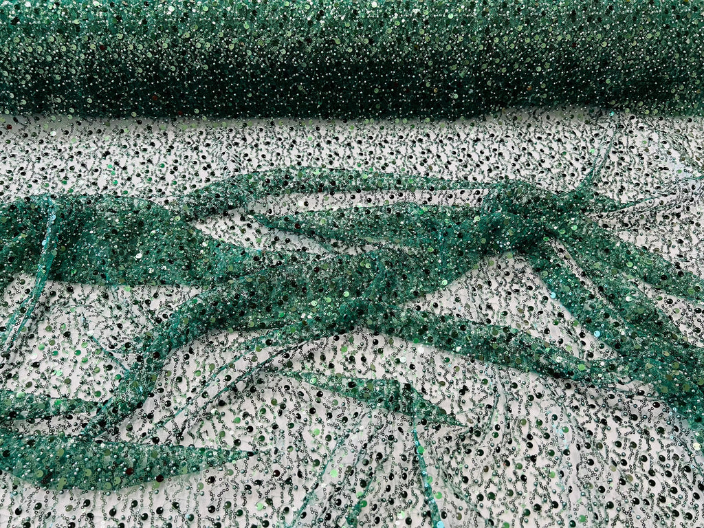 Beaded Mesh Fabric - Hunter Green - Embroidered Beaded Wedding Bridal Fabric By The Yard