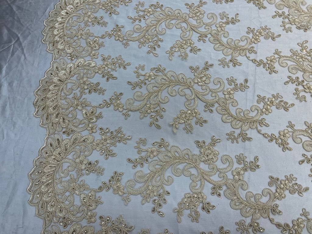 Lace Sequins Fabric - Light Beige - Corded Flower Embroidery Design Mesh Fabric By The Yard